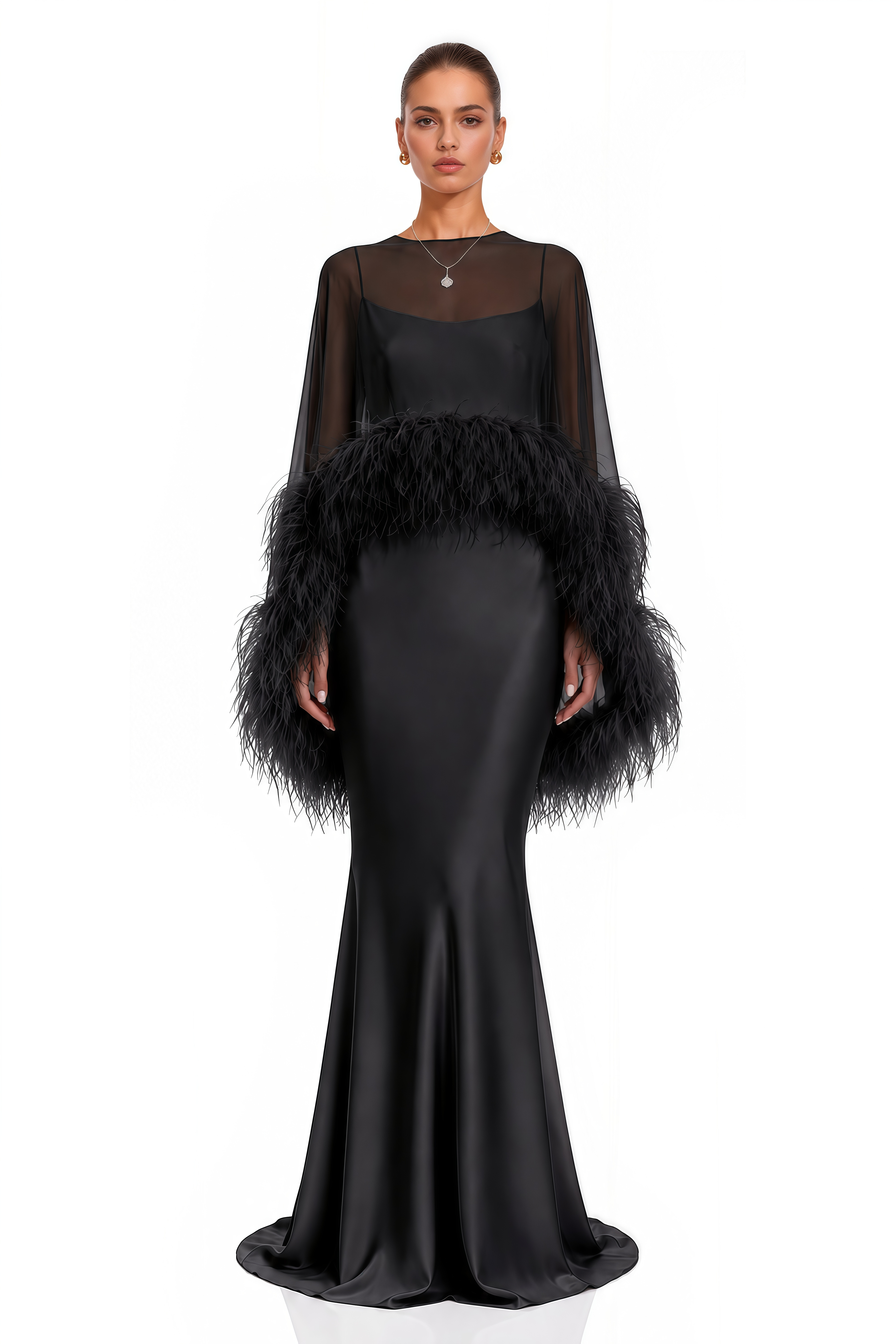 Araminta Black Maxi Dress & Shawl Set with Feather Trim