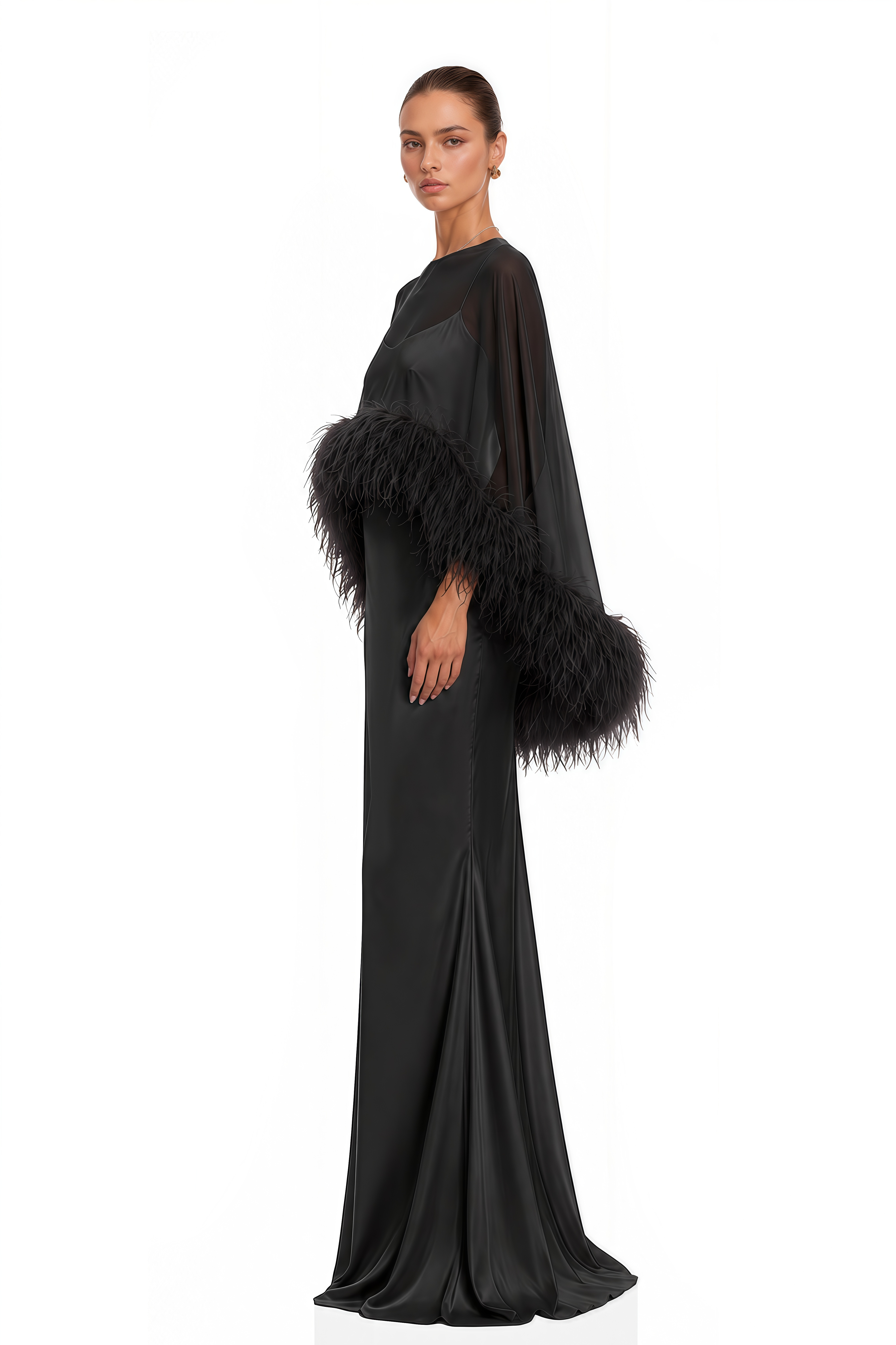 Araminta Black Maxi Dress & Shawl Set with Feather Trim