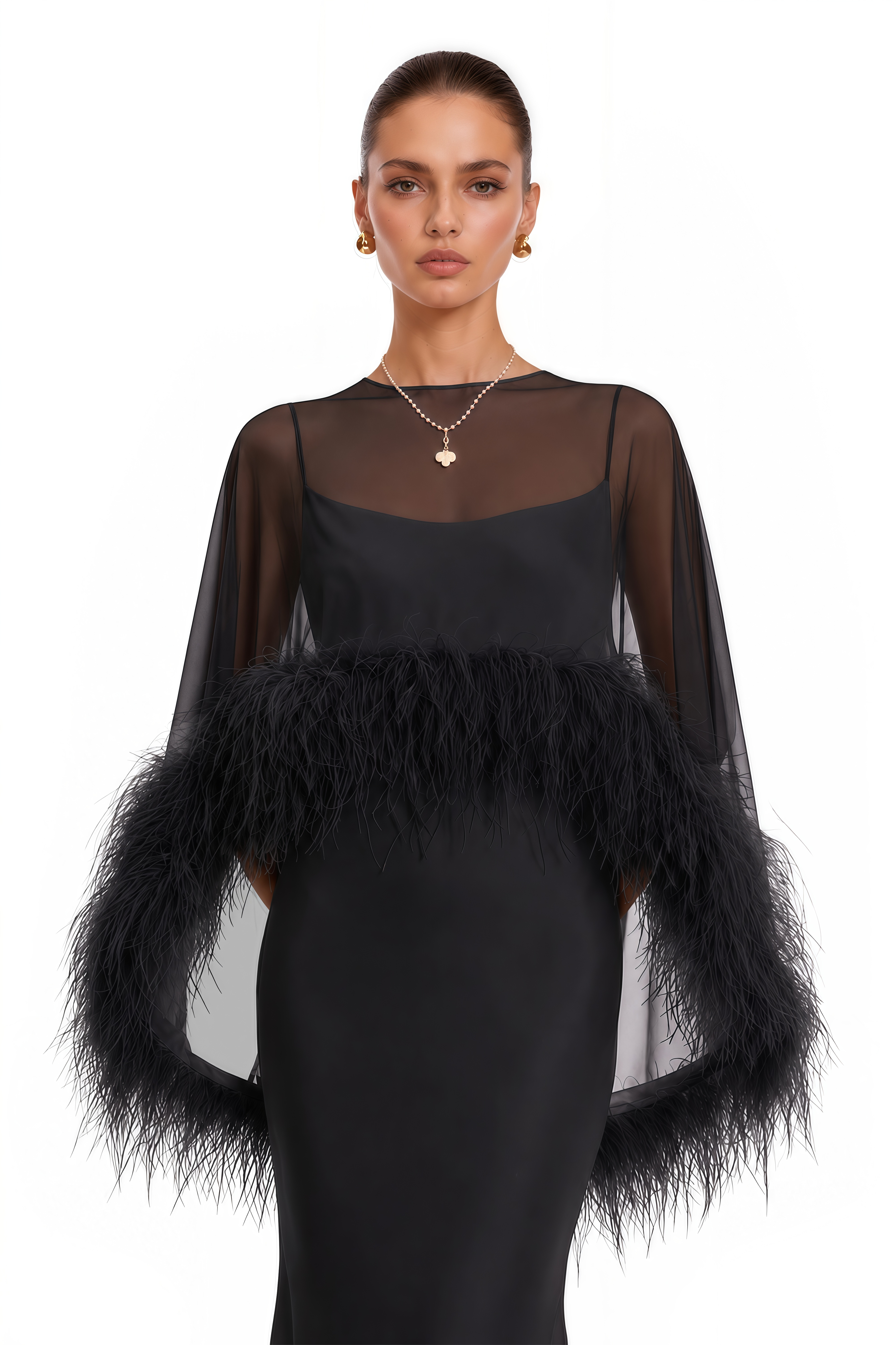 Araminta Black Maxi Dress & Shawl Set with Feather Trim