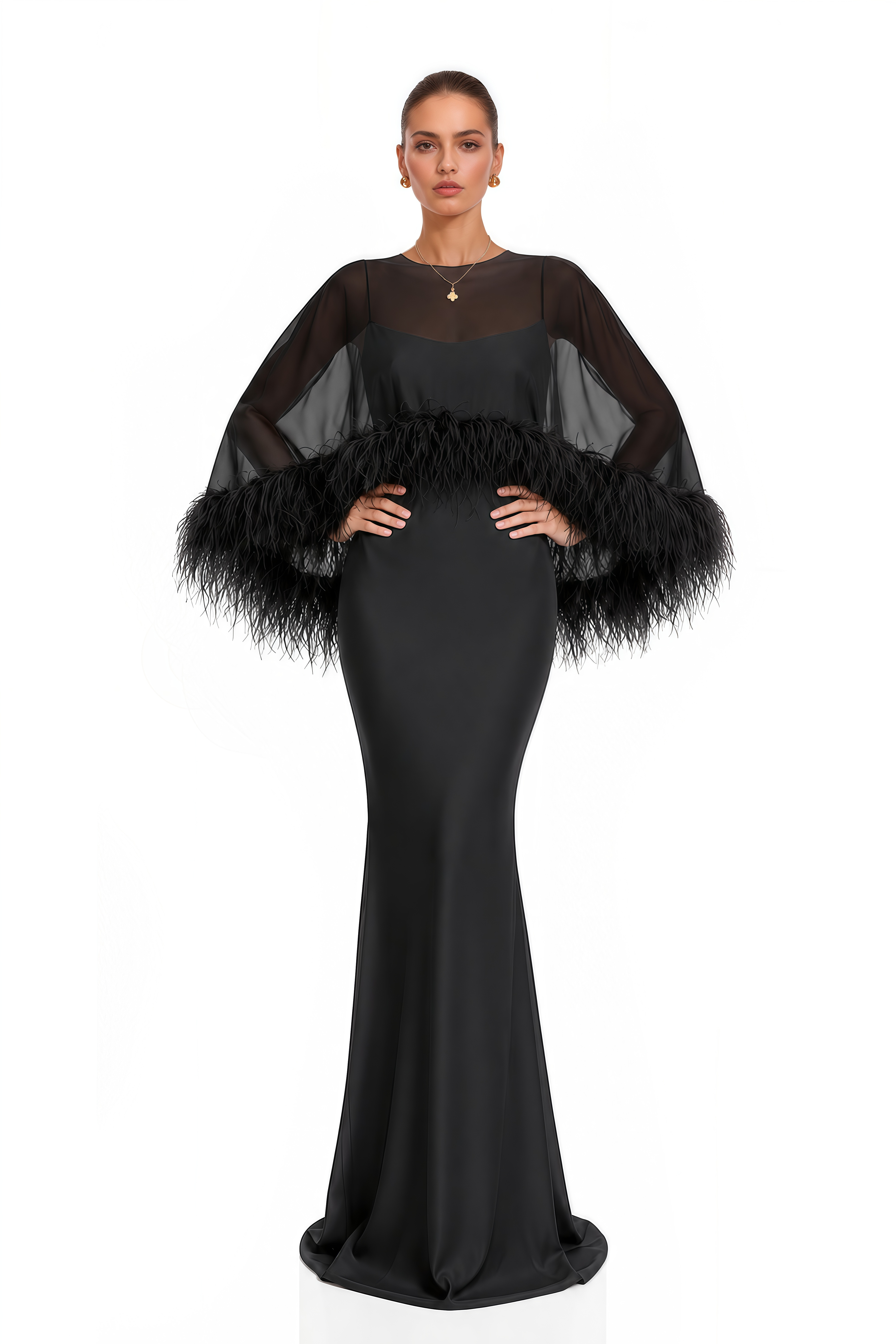 Araminta Black Maxi Dress & Shawl Set with Feather Trim