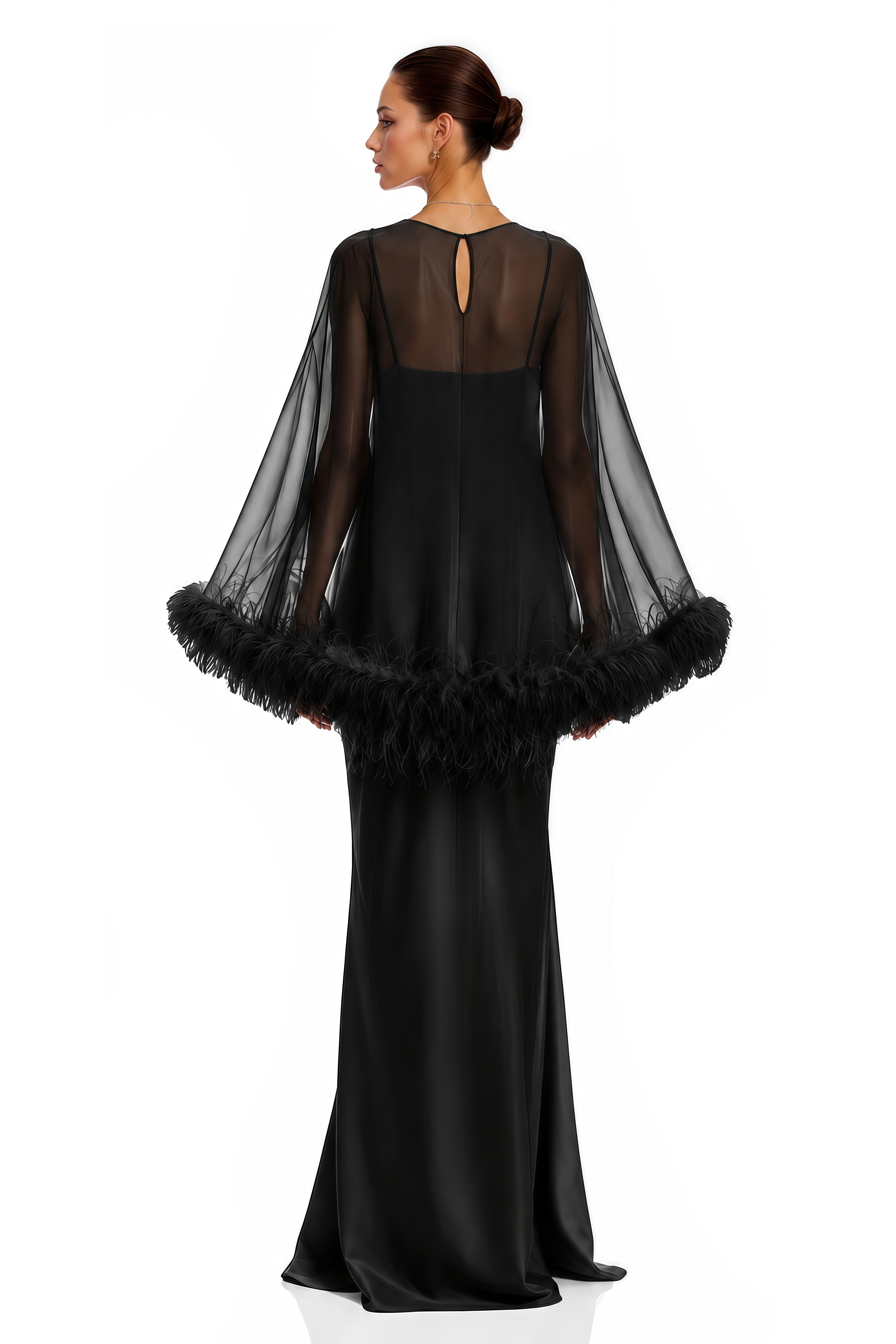 Araminta Black Maxi Dress & Shawl Set with Feather Trim