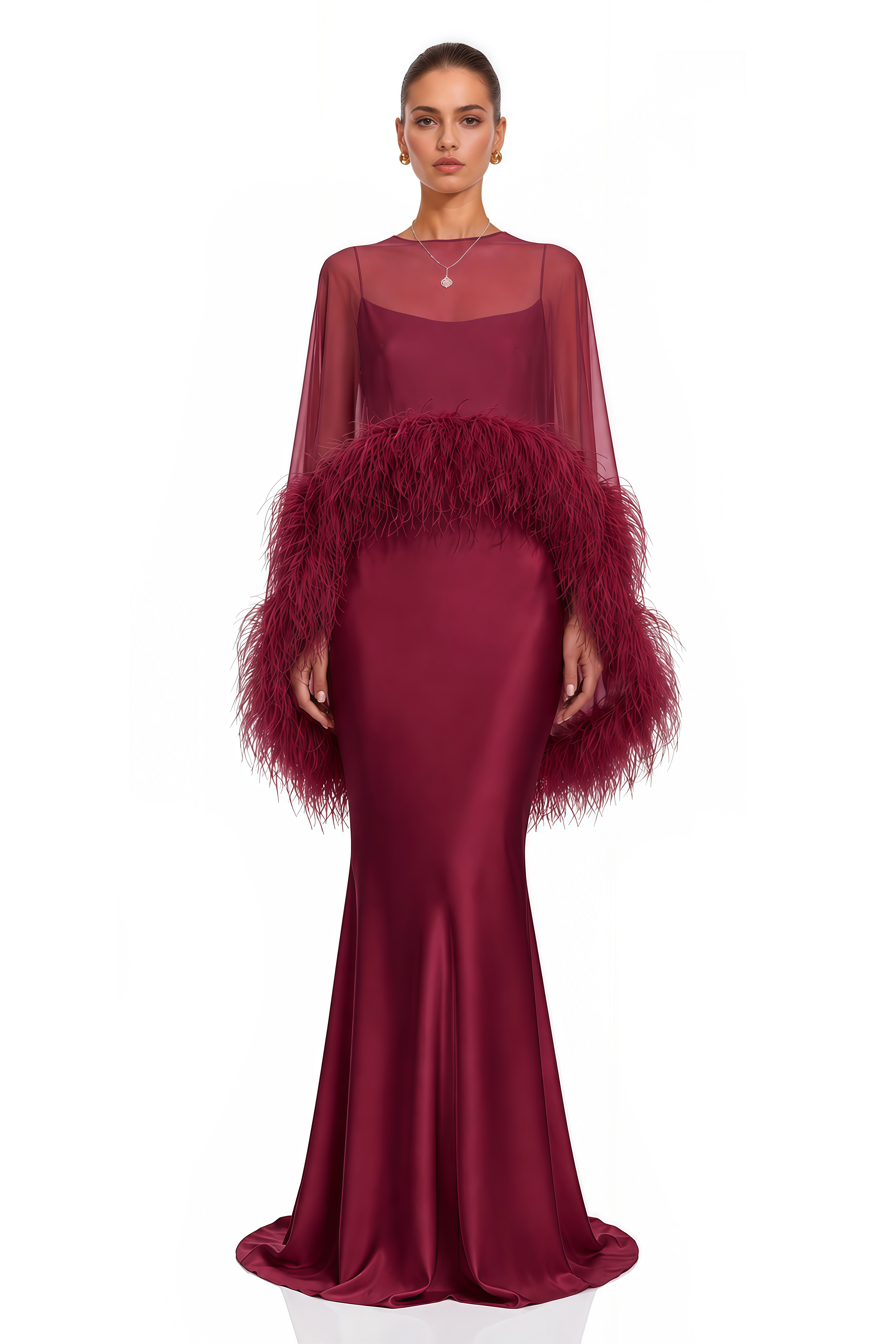 Araminta Burgundy Maxi Dress & Shawl Set with Feather Trim