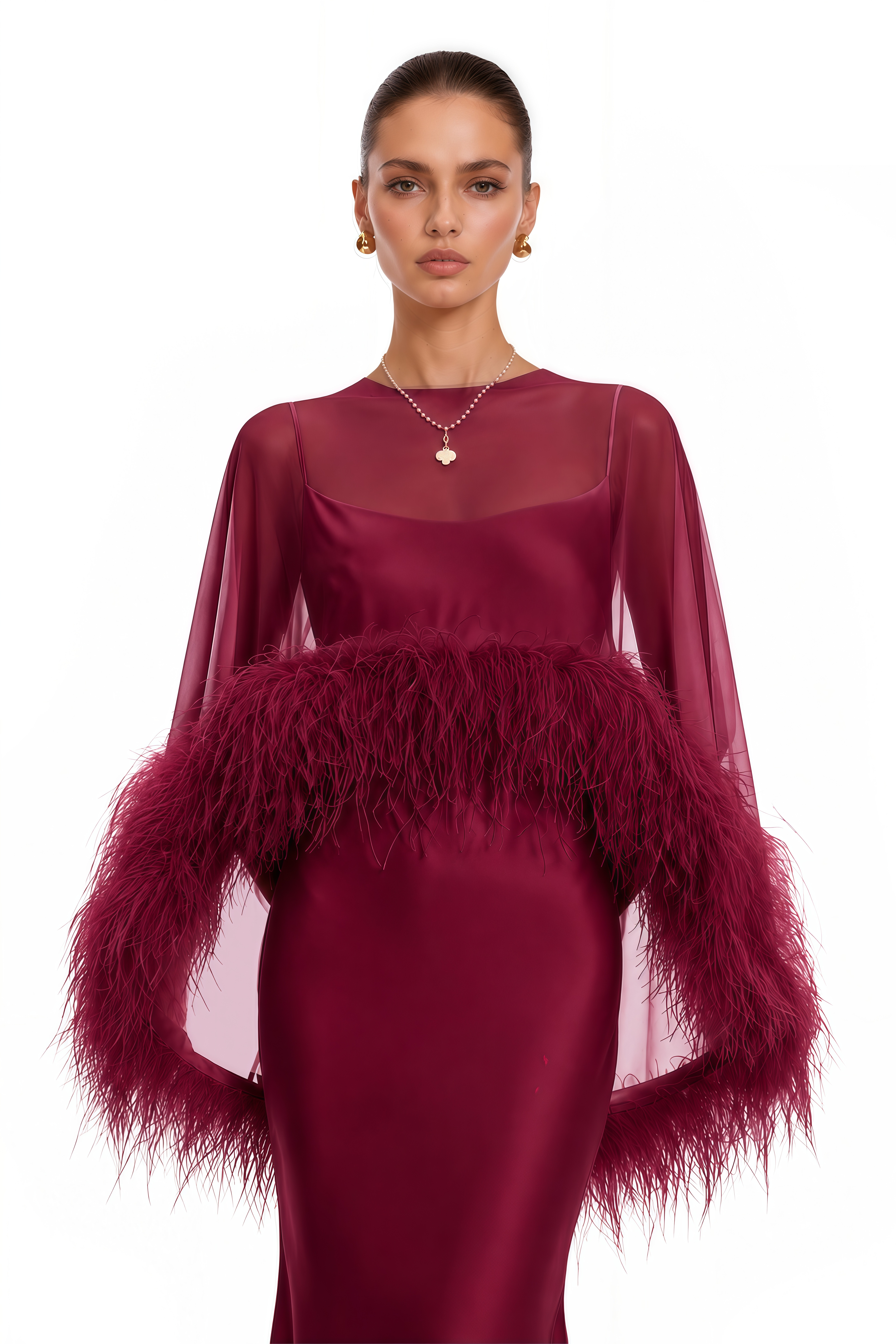 Araminta Burgundy Maxi Dress & Shawl Set with Feather Trim