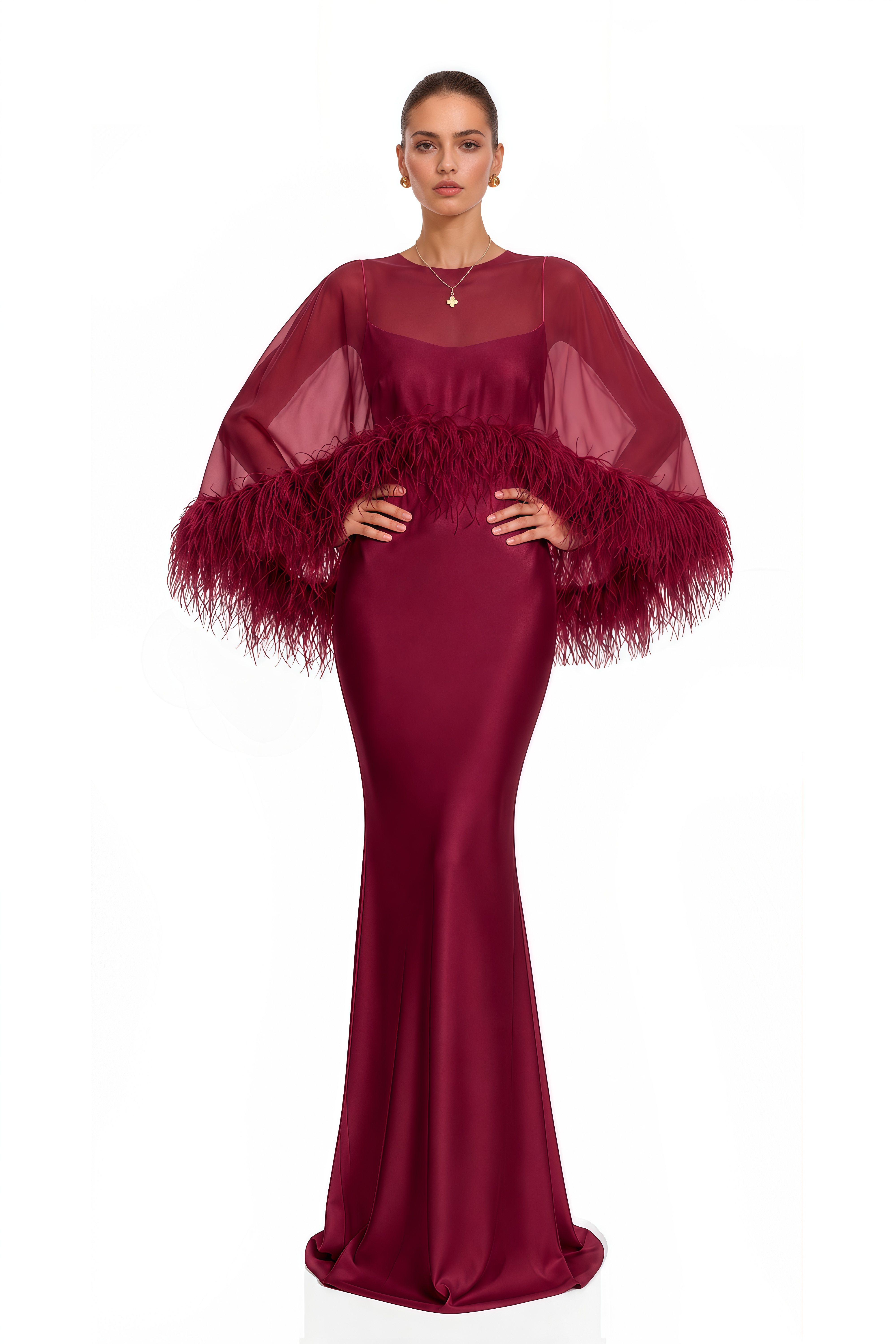 Araminta Burgundy Maxi Dress & Shawl Set with Feather Trim