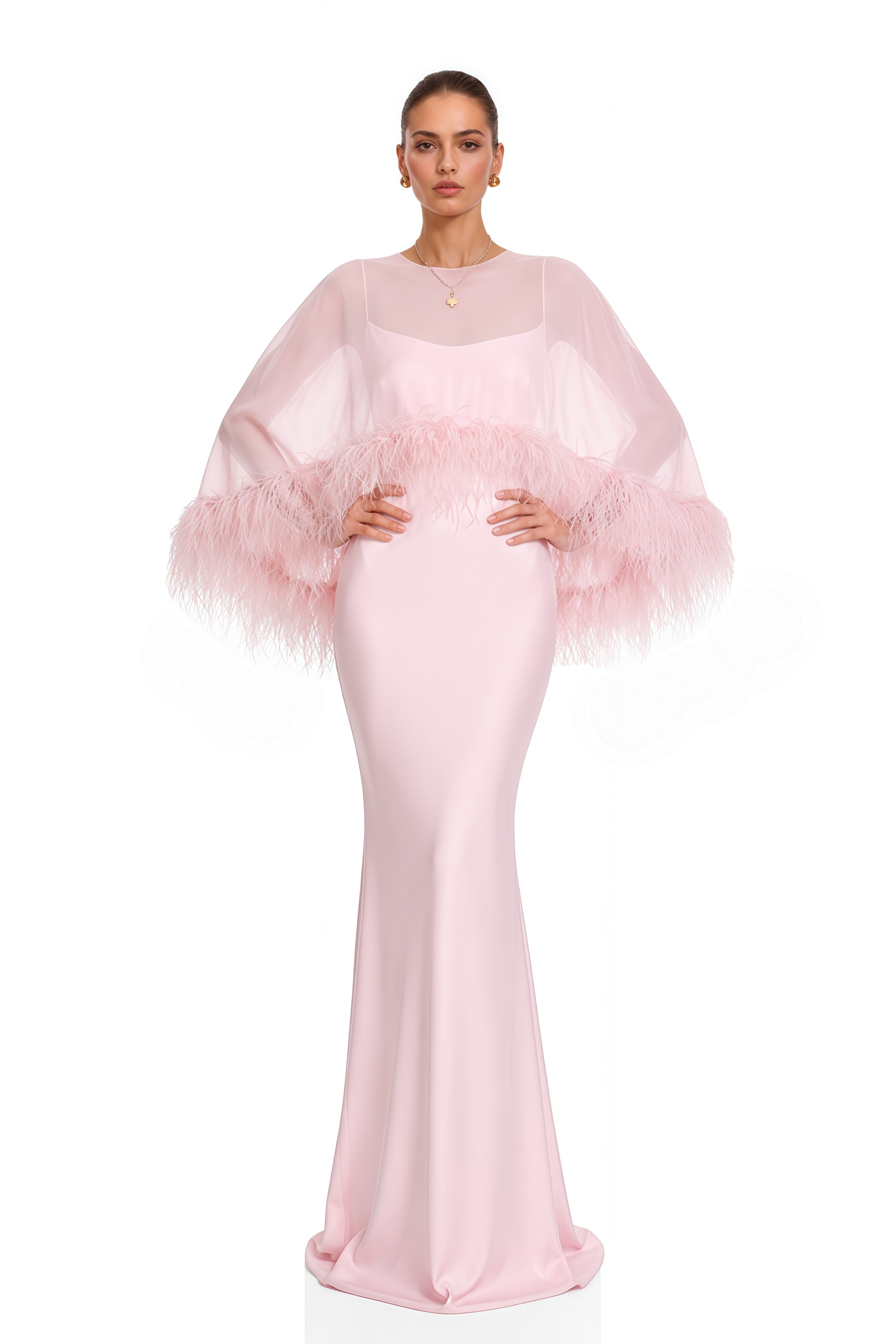 Ensemble Araminta : robe longue rose et châle avec bordure en plumes