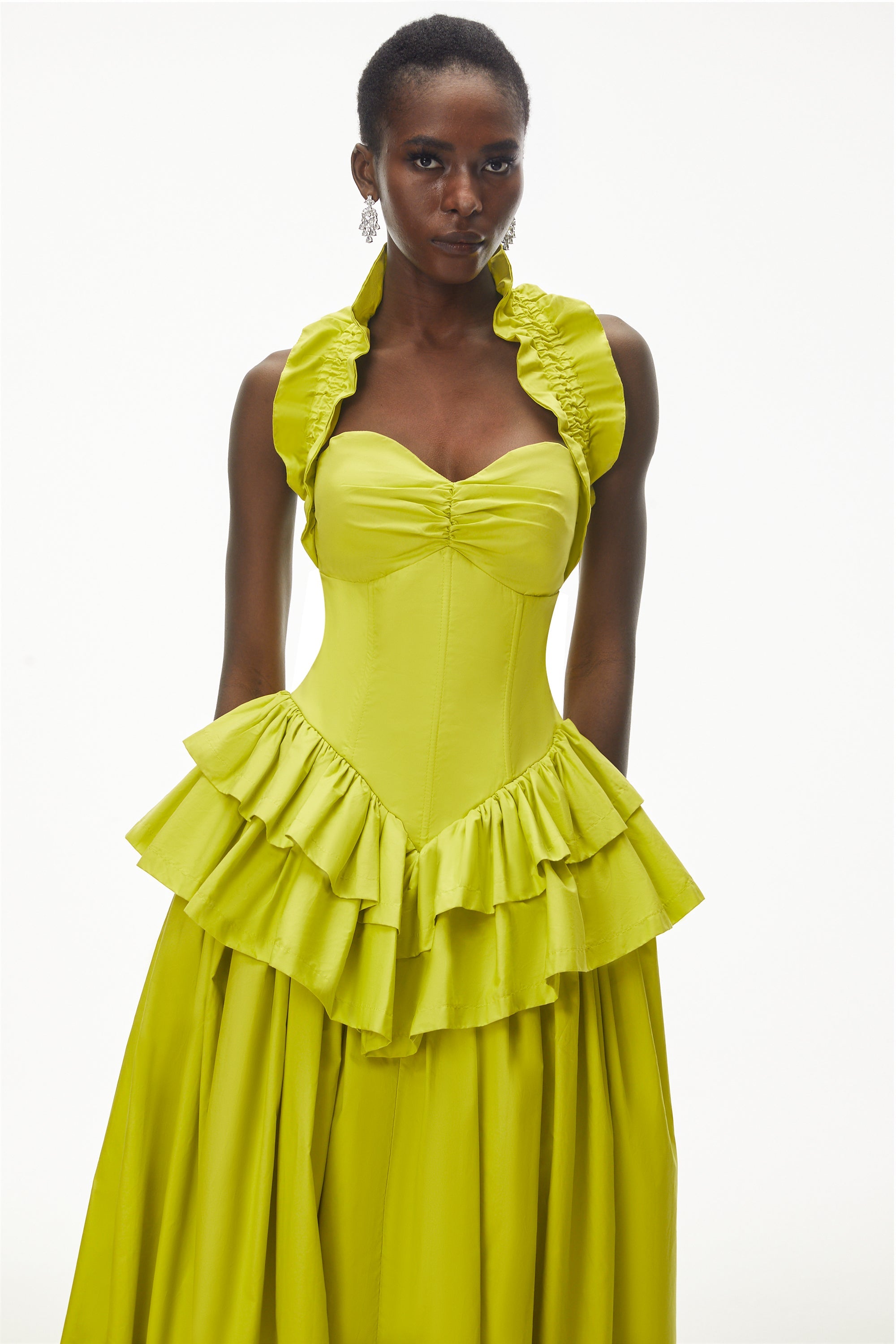Arezoo Green Mock Neck Ruffled Midi Dress (Final Sale-US Only)
