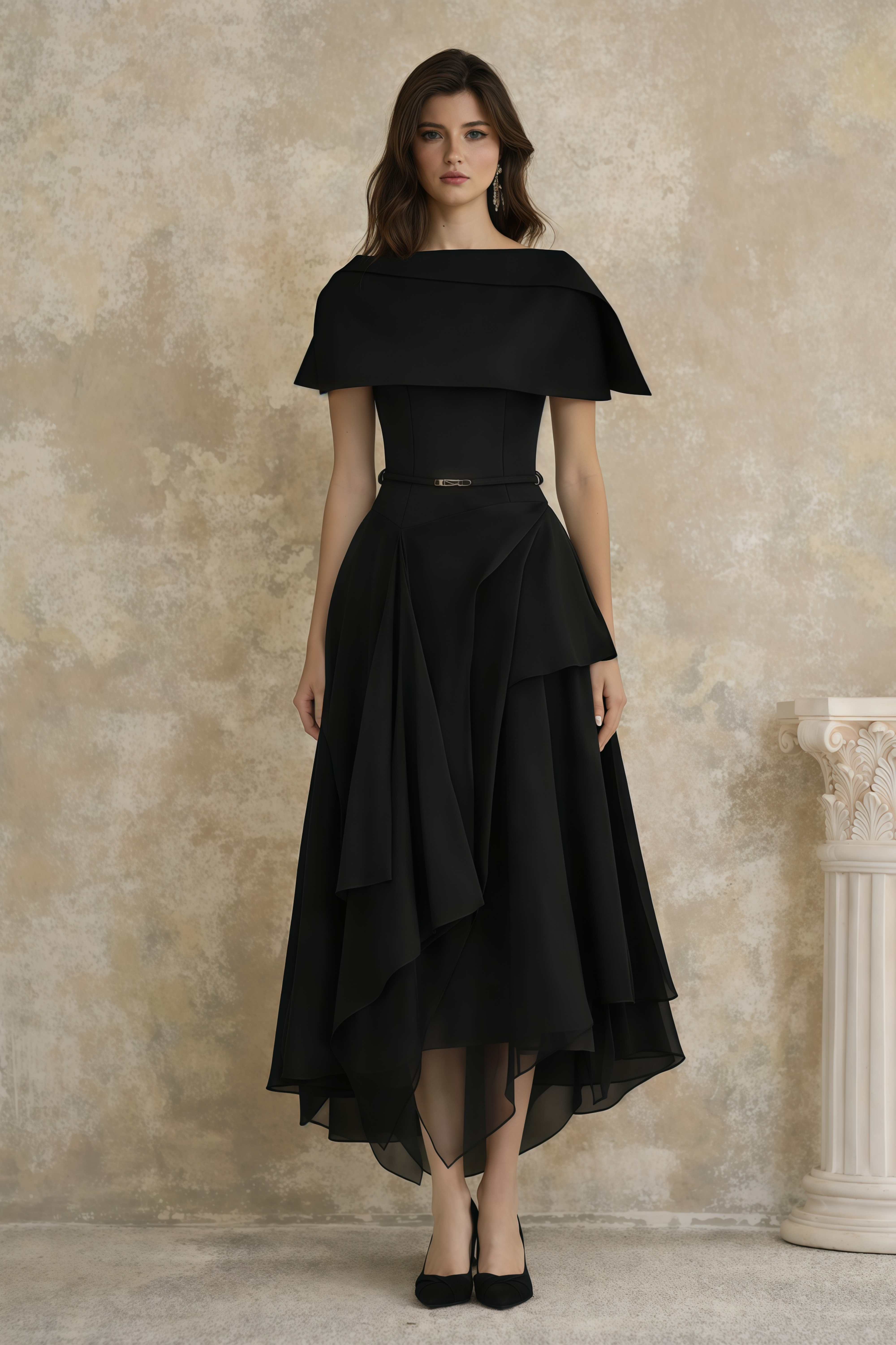 Black Asymmetrical Shawl & Tulle Panel Dress Set