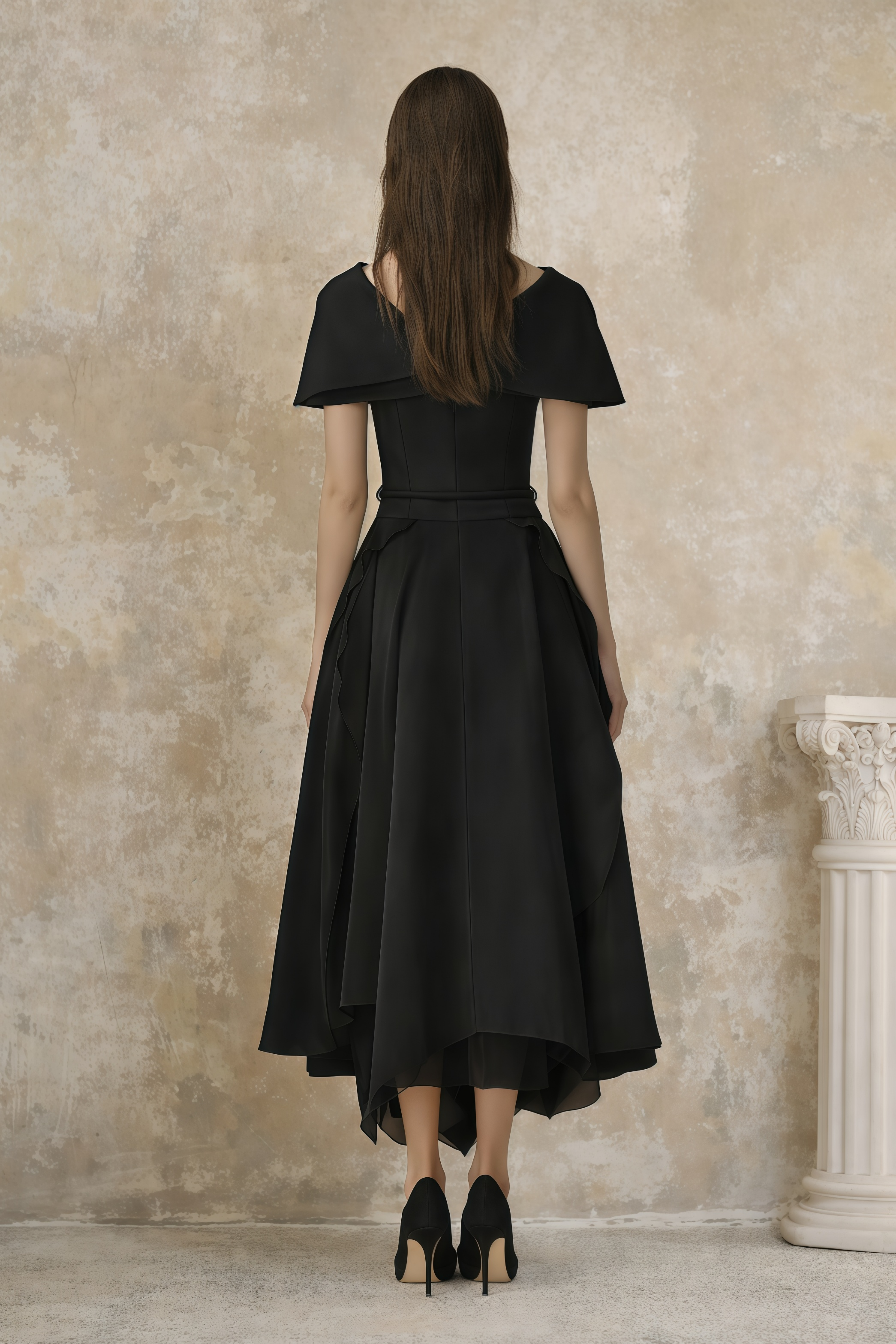 Black Asymmetrical Shawl & Tulle Panel Dress Set