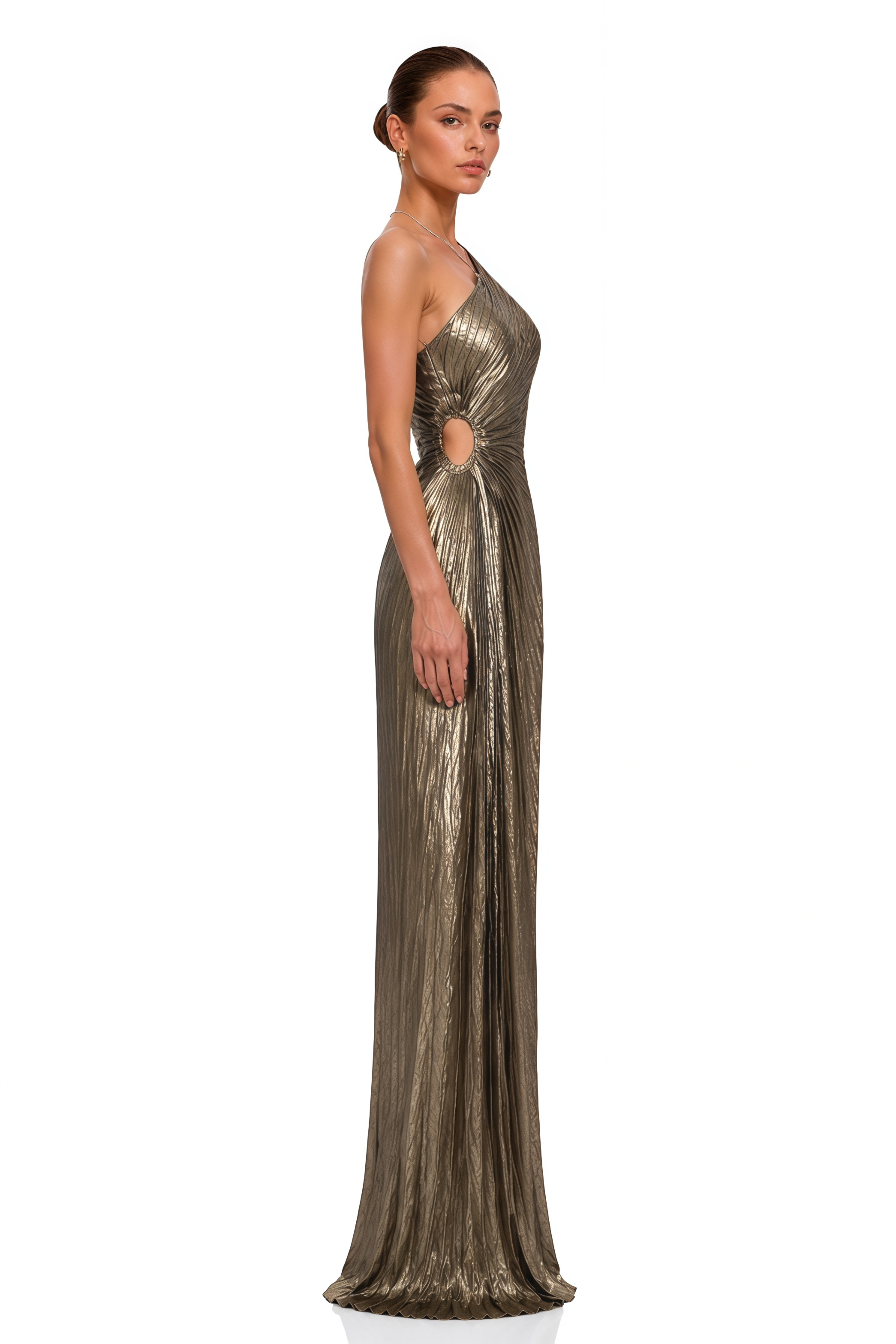 Aria Bronze One Shoulder Pleated Maxi Dress