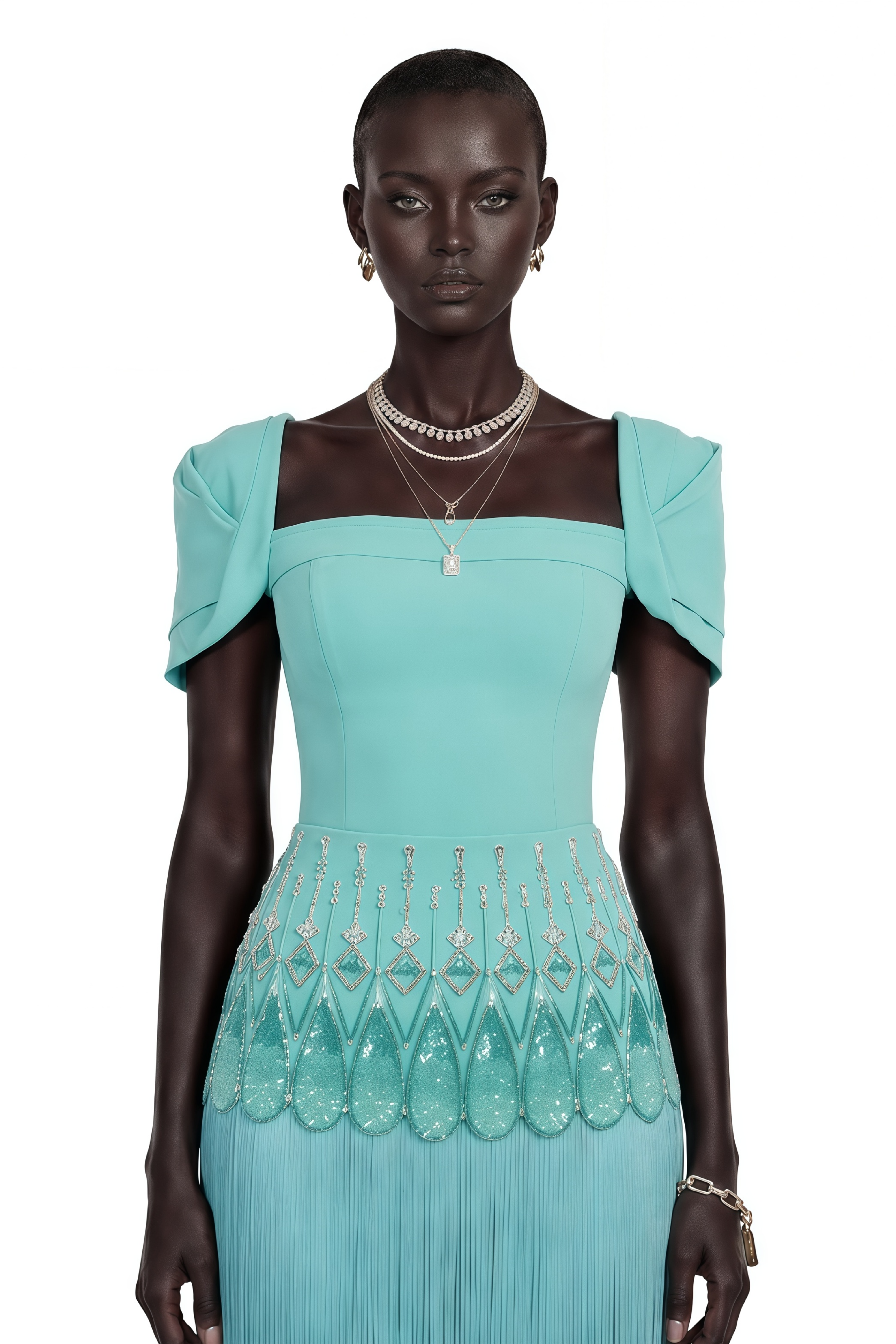 Arianwen Turquoise Embellished Fringe Maxi Dress