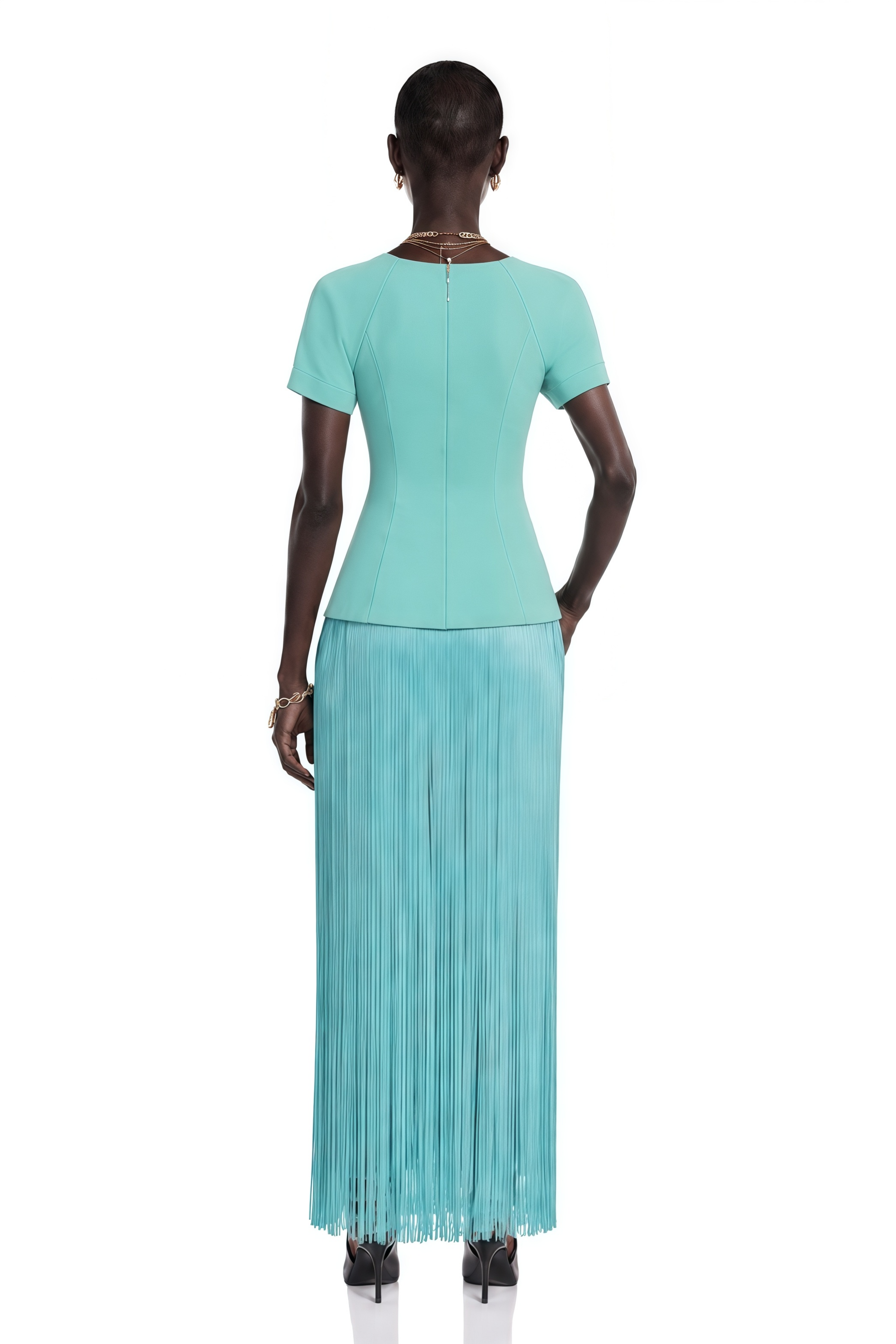 Arianwen Turquoise Embellished Fringe Maxi Dress