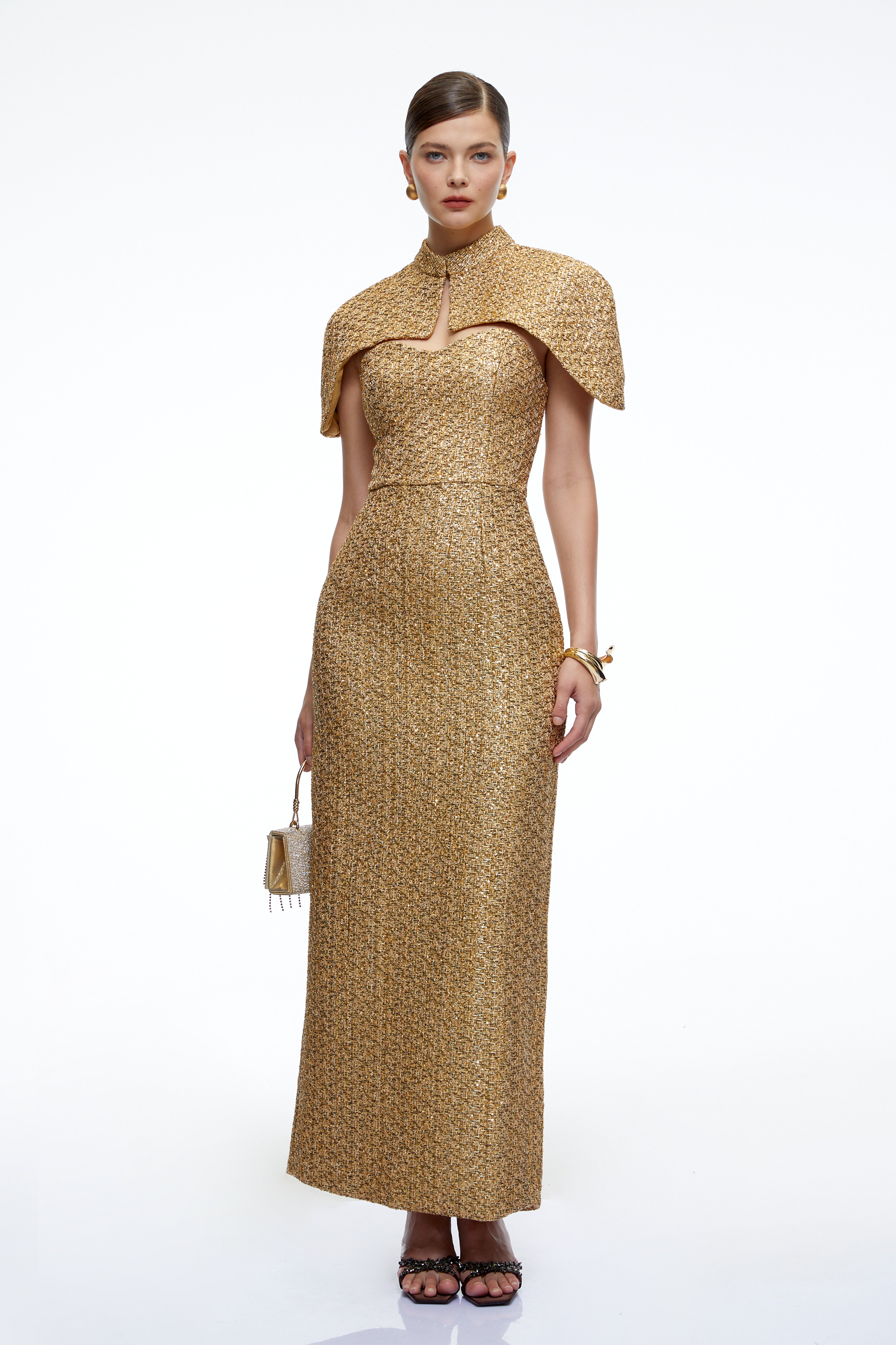 Arna Gold Sweetheart Neckline Tweed Maxi Dress with Cape