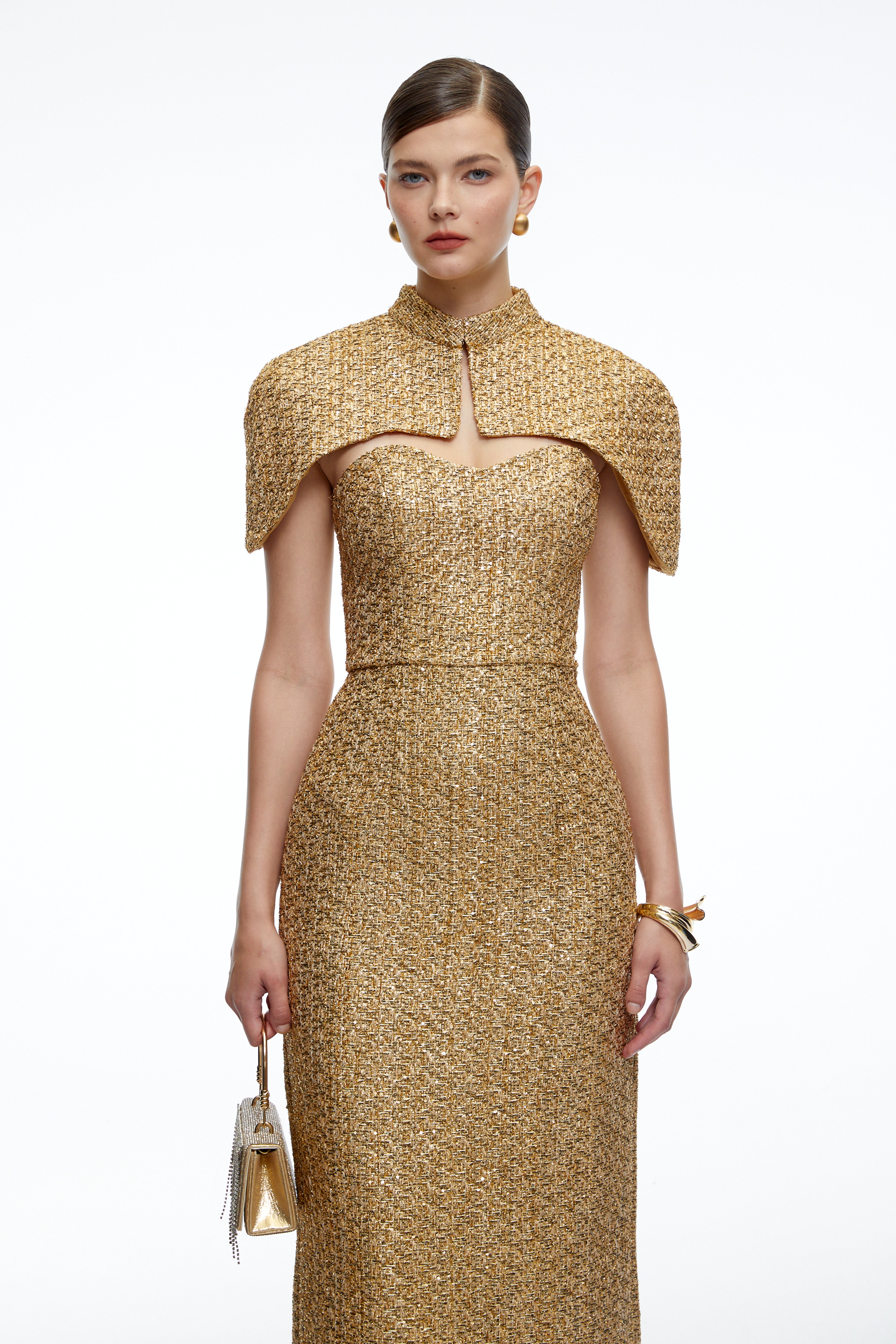 Arna Gold Sweetheart Neckline Tweed Maxi Dress with Cape