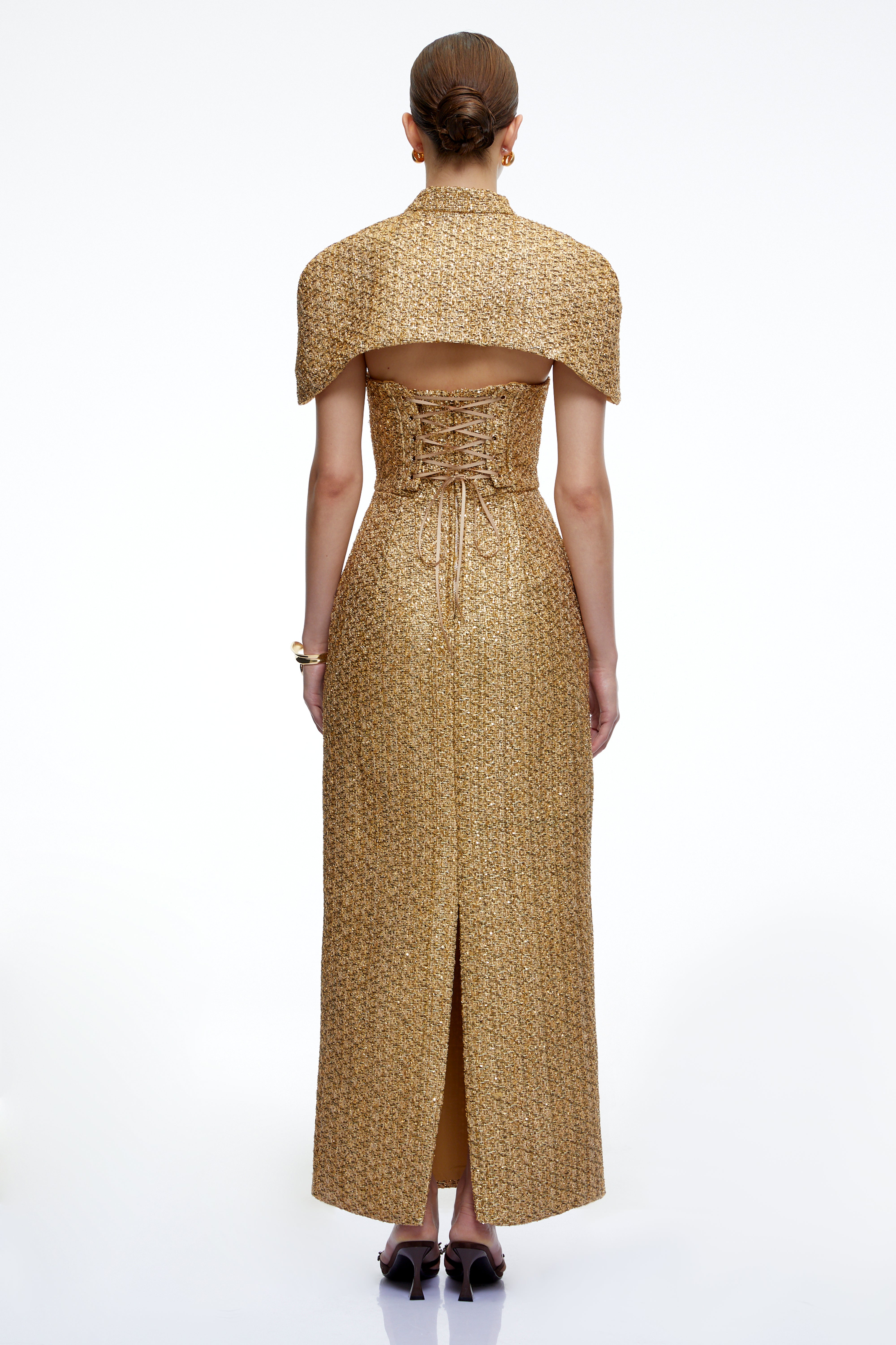 Arna Gold Sweetheart Neckline Tweed Maxi Dress with Cape
