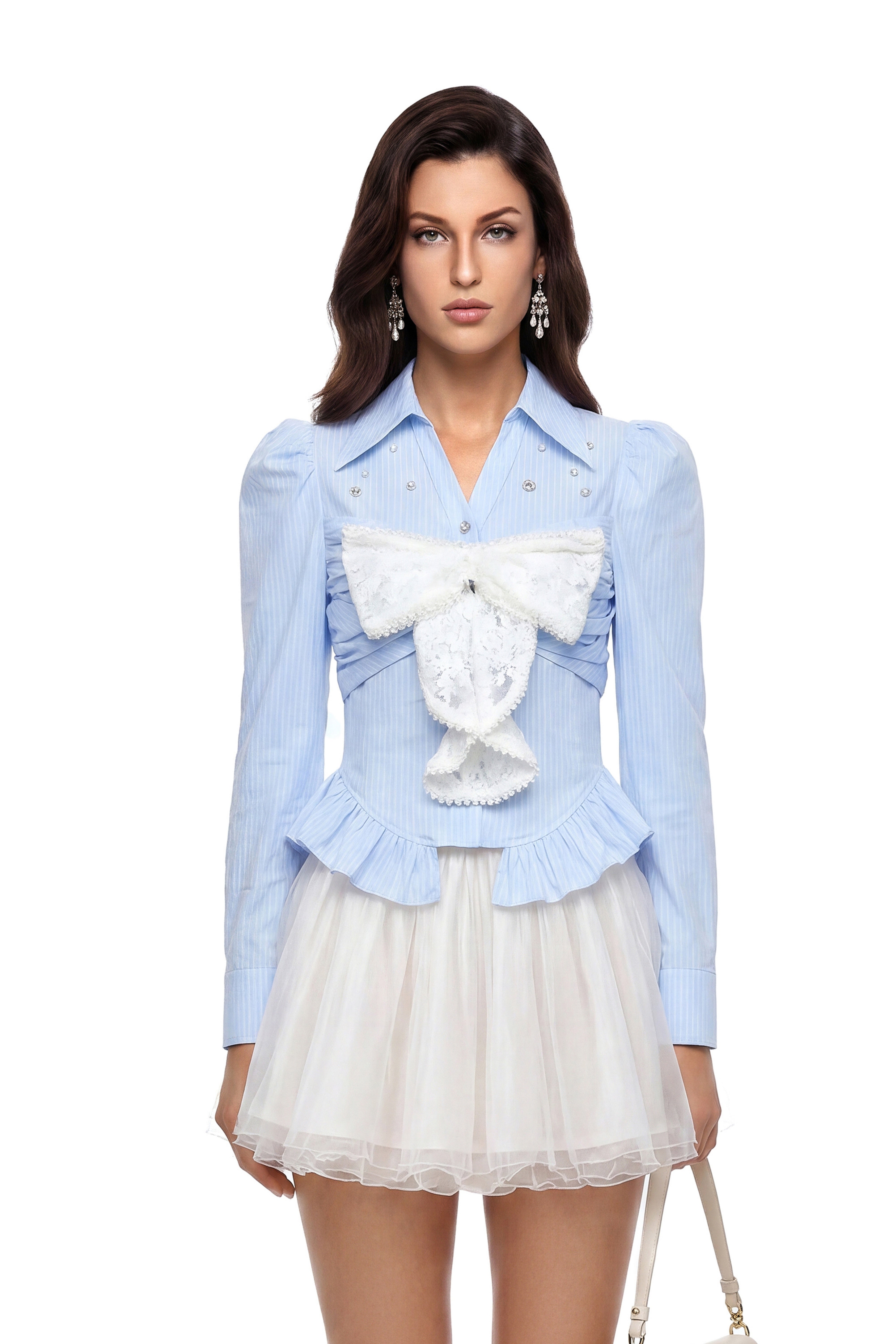 Astraea Blue Striped Blouse with Beaded Bow