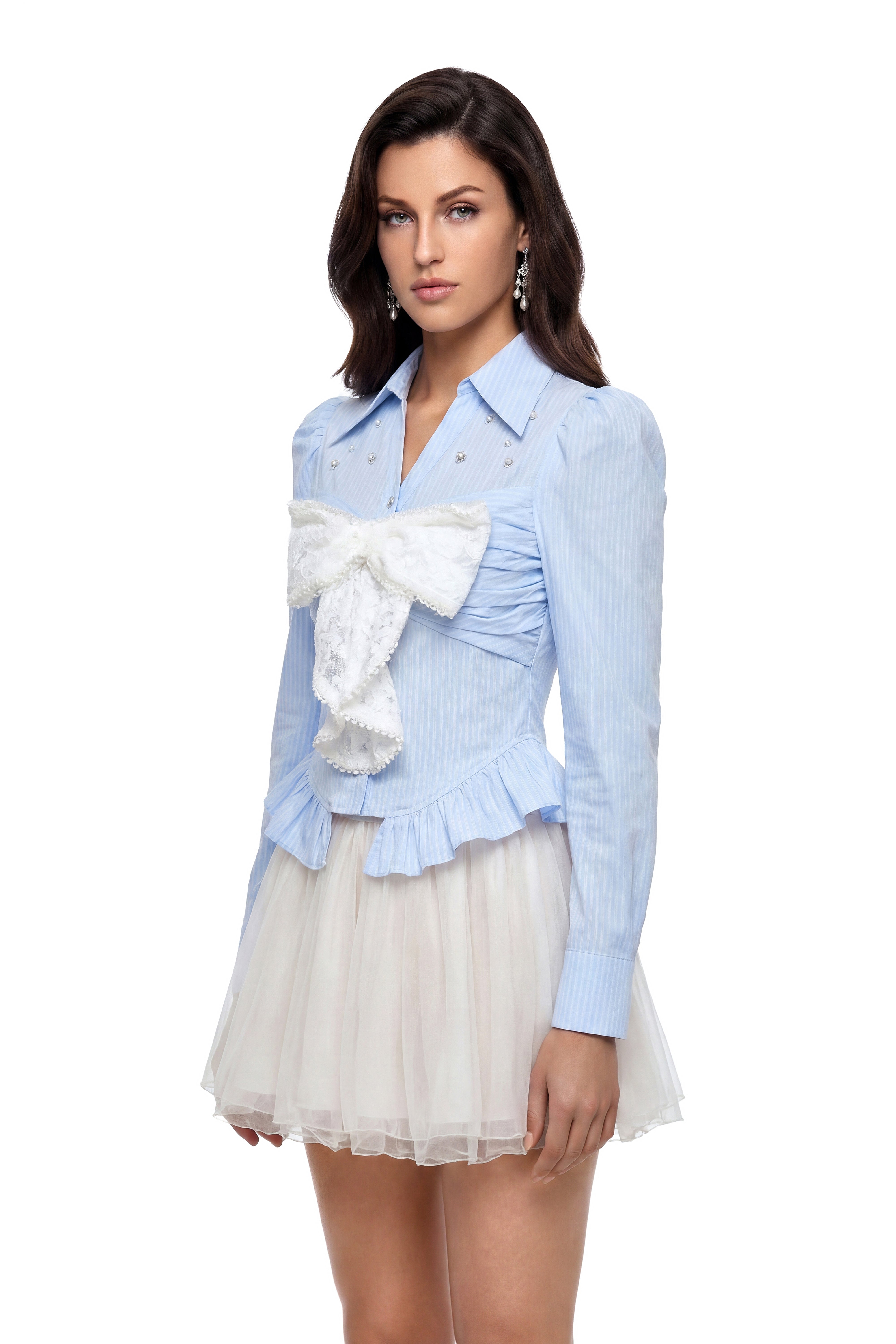 Astraea Blue Striped Blouse with Beaded Bow