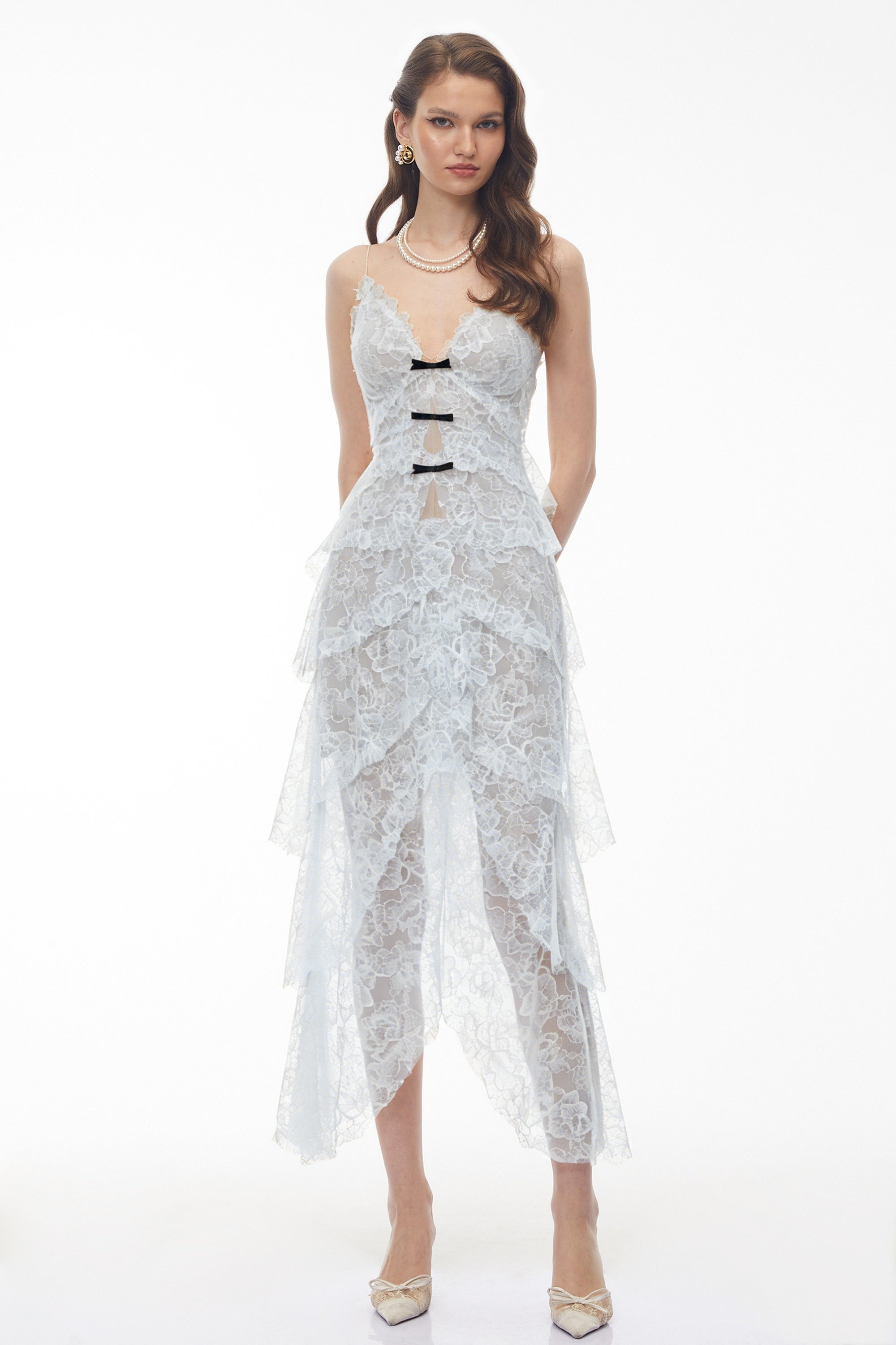 Atousa Blue Layered Floral Lace Maxi Dress with Bow (Final Sale-US Only)