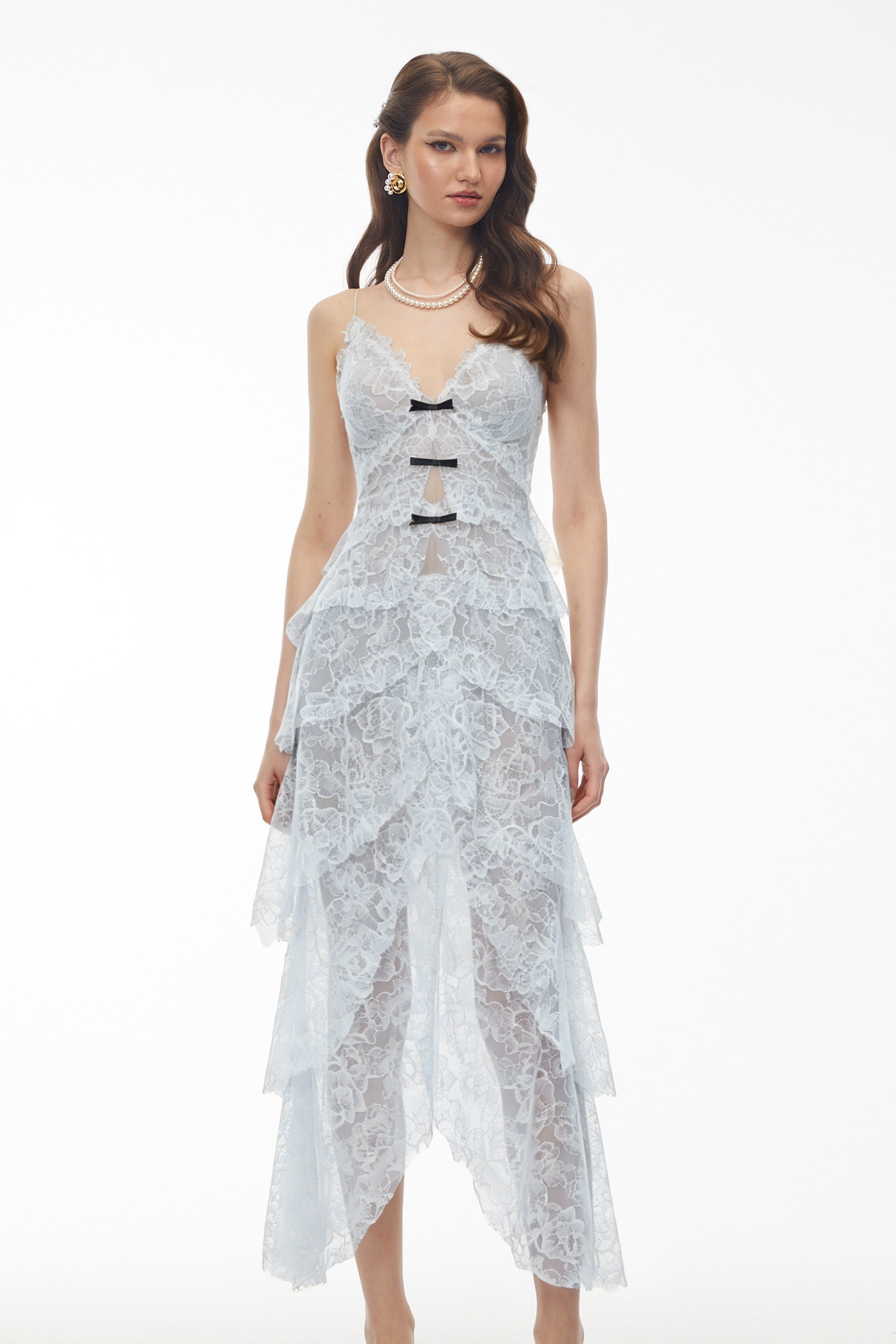 Atousa Blue Layered Floral Lace Maxi Dress with Bow (Final Sale)
