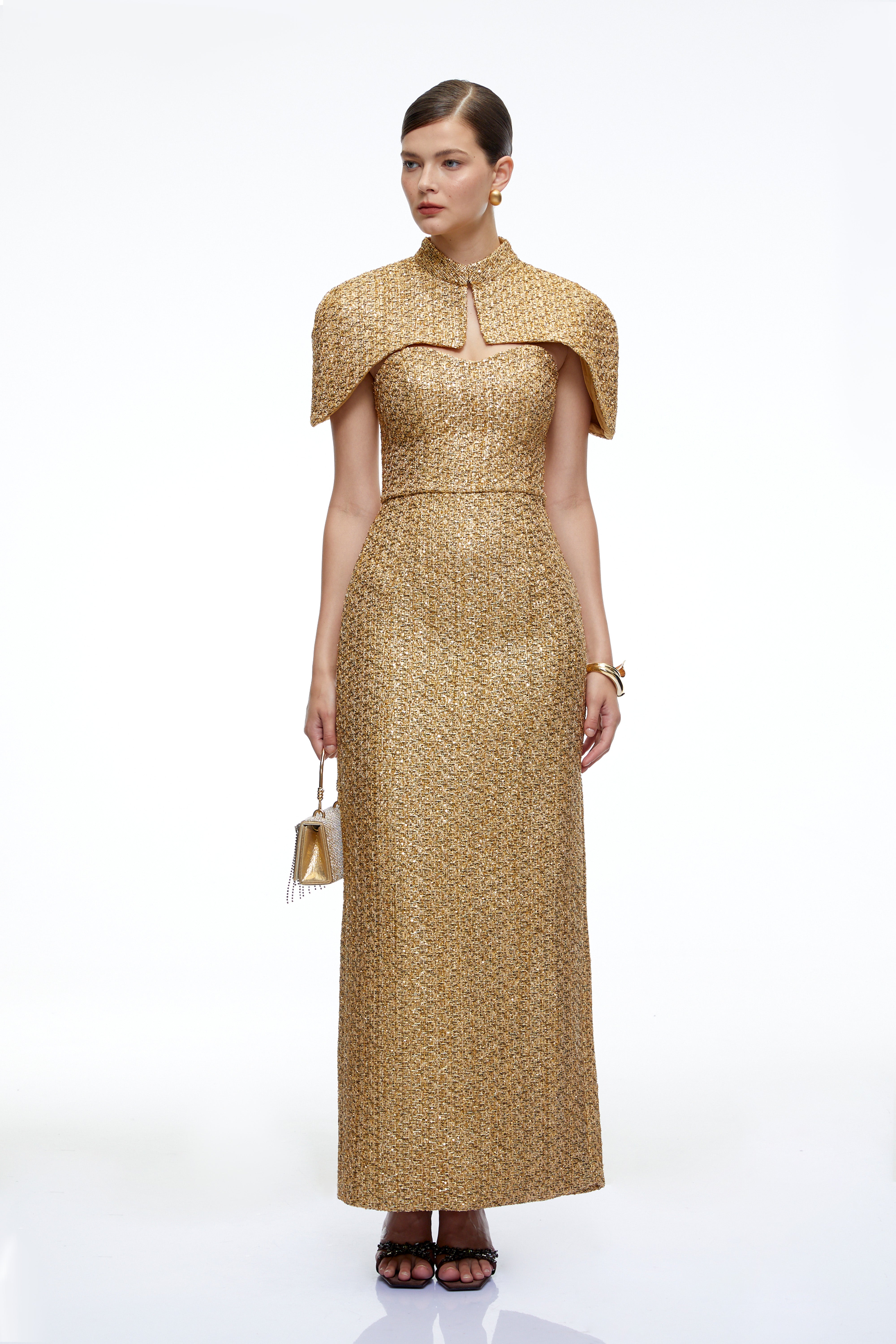 Arna Gold Sweetheart Neckline Tweed Maxi Dress with Cape
