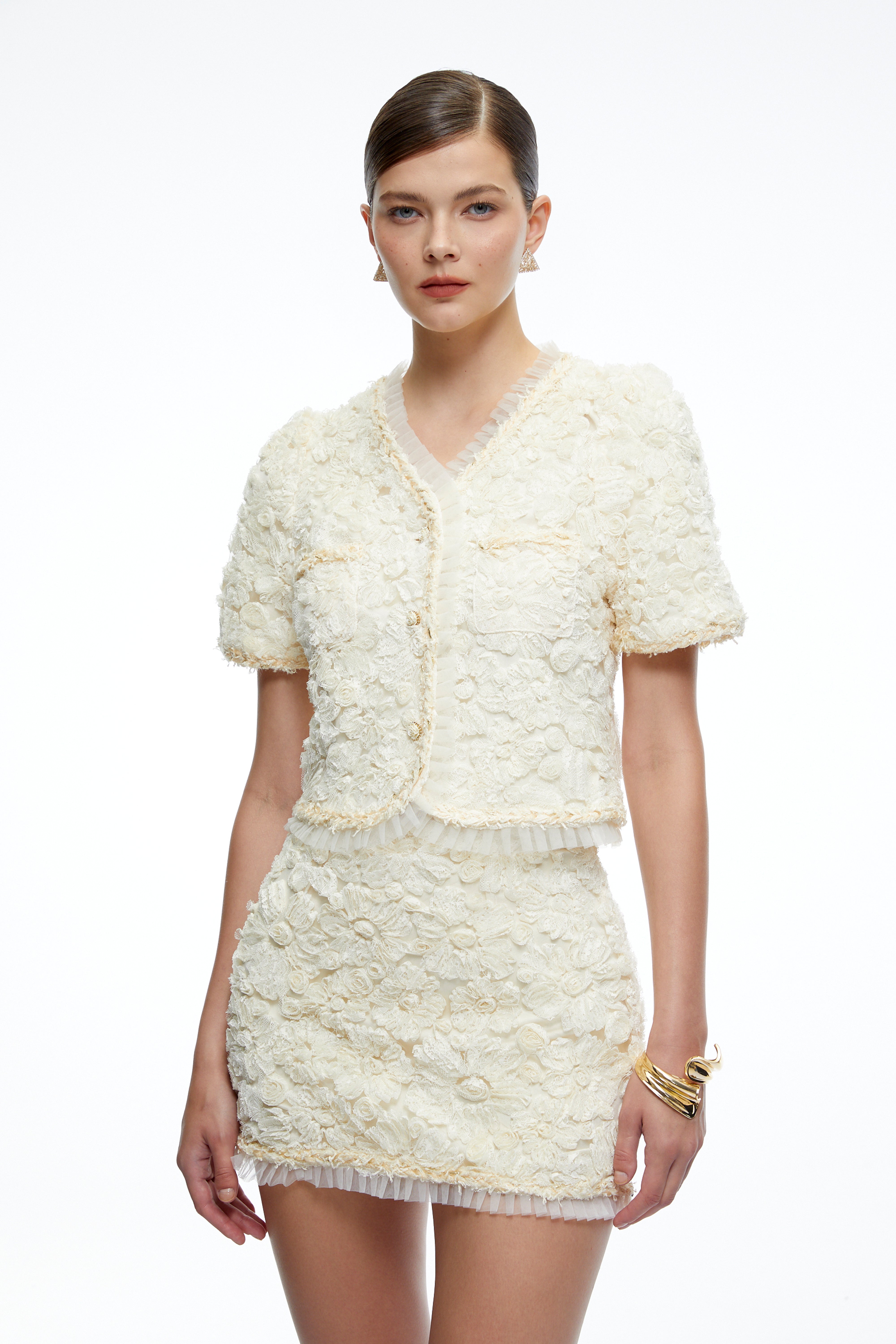 Aurelia Beige Floral Blouse & Mini Skirt Set