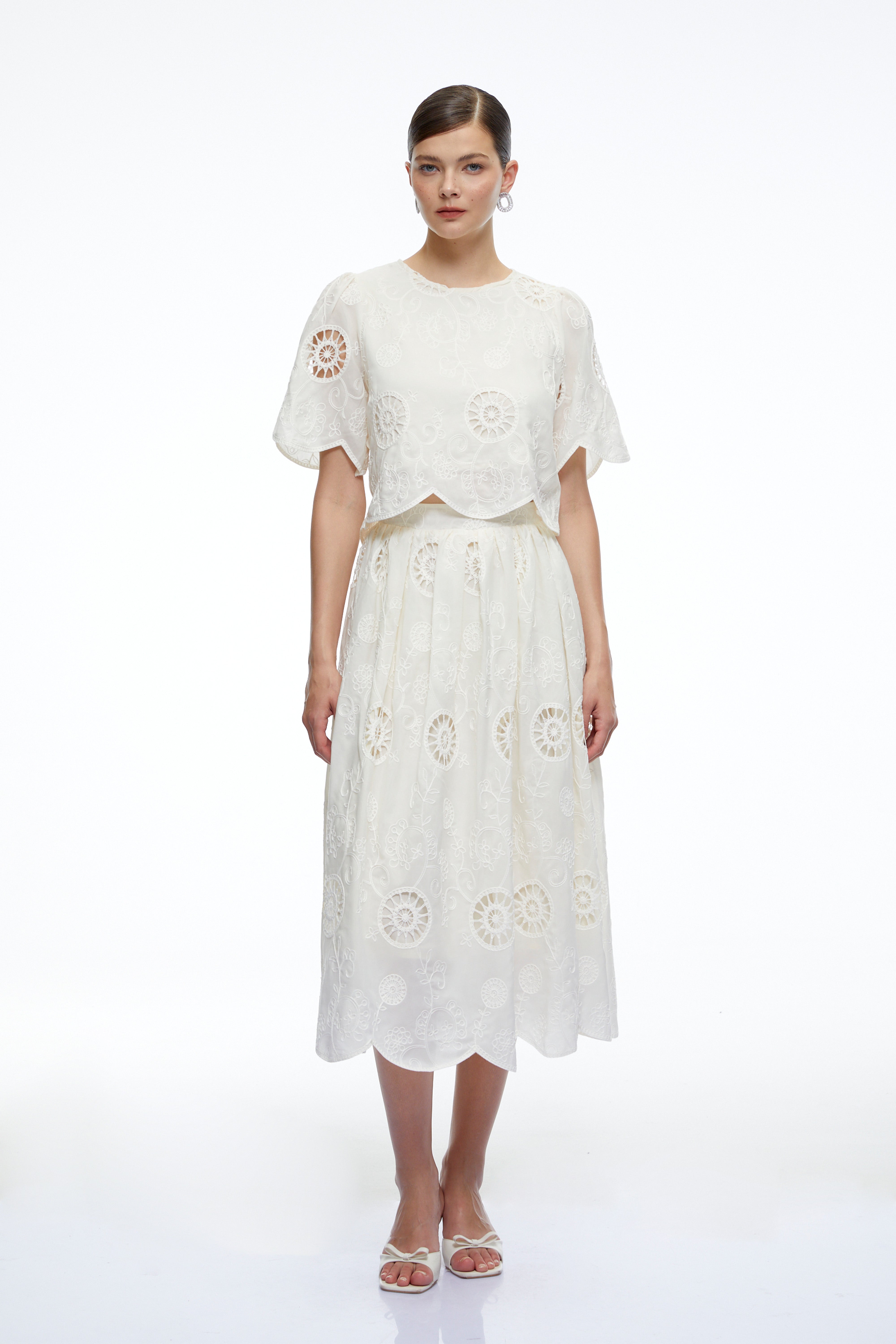 Aurelie Neutral Eyelet Crop Top & Midi Skirt Set