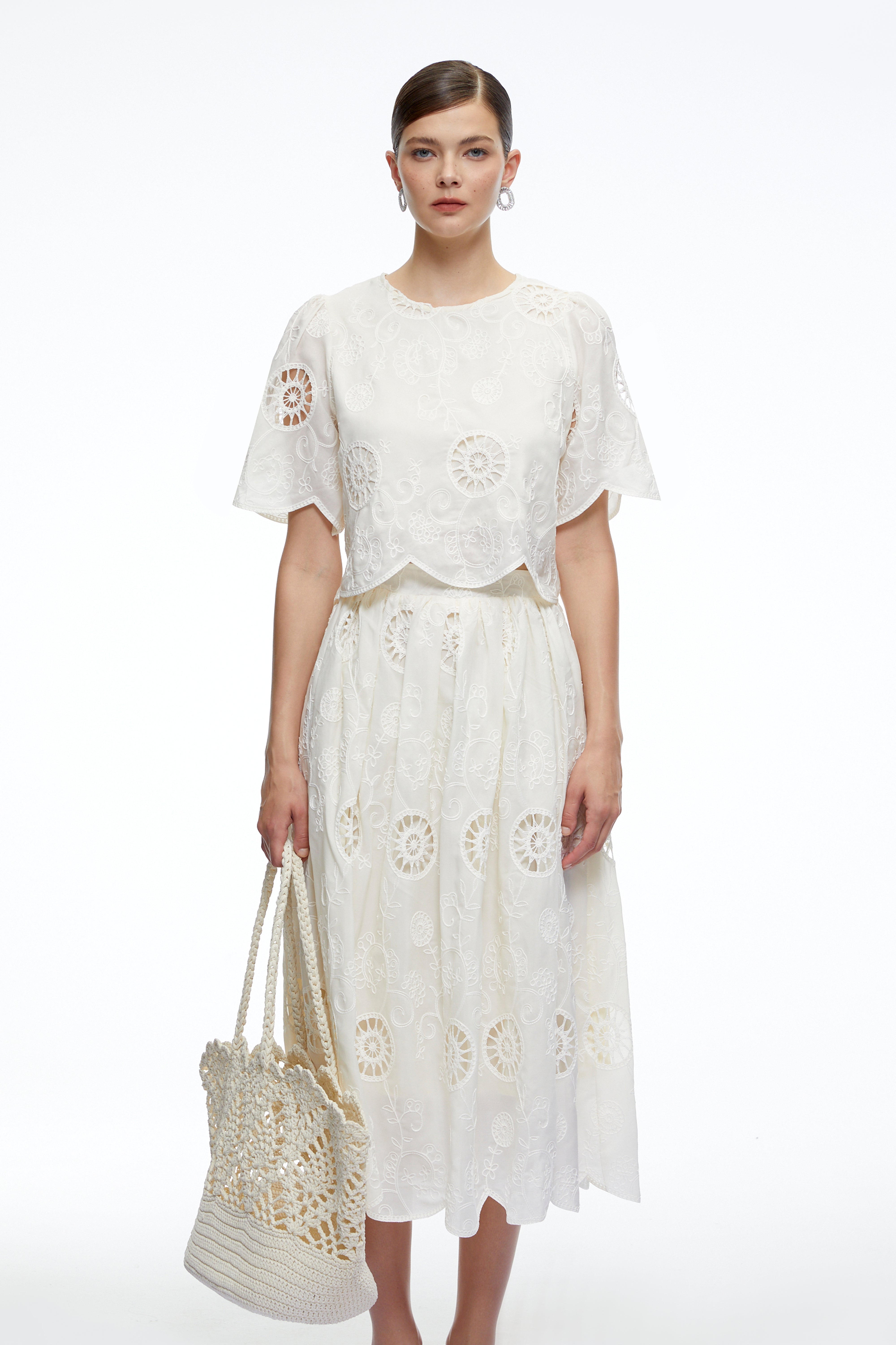 Aurelie Neutral Eyelet Crop Top & Midi Skirt Set