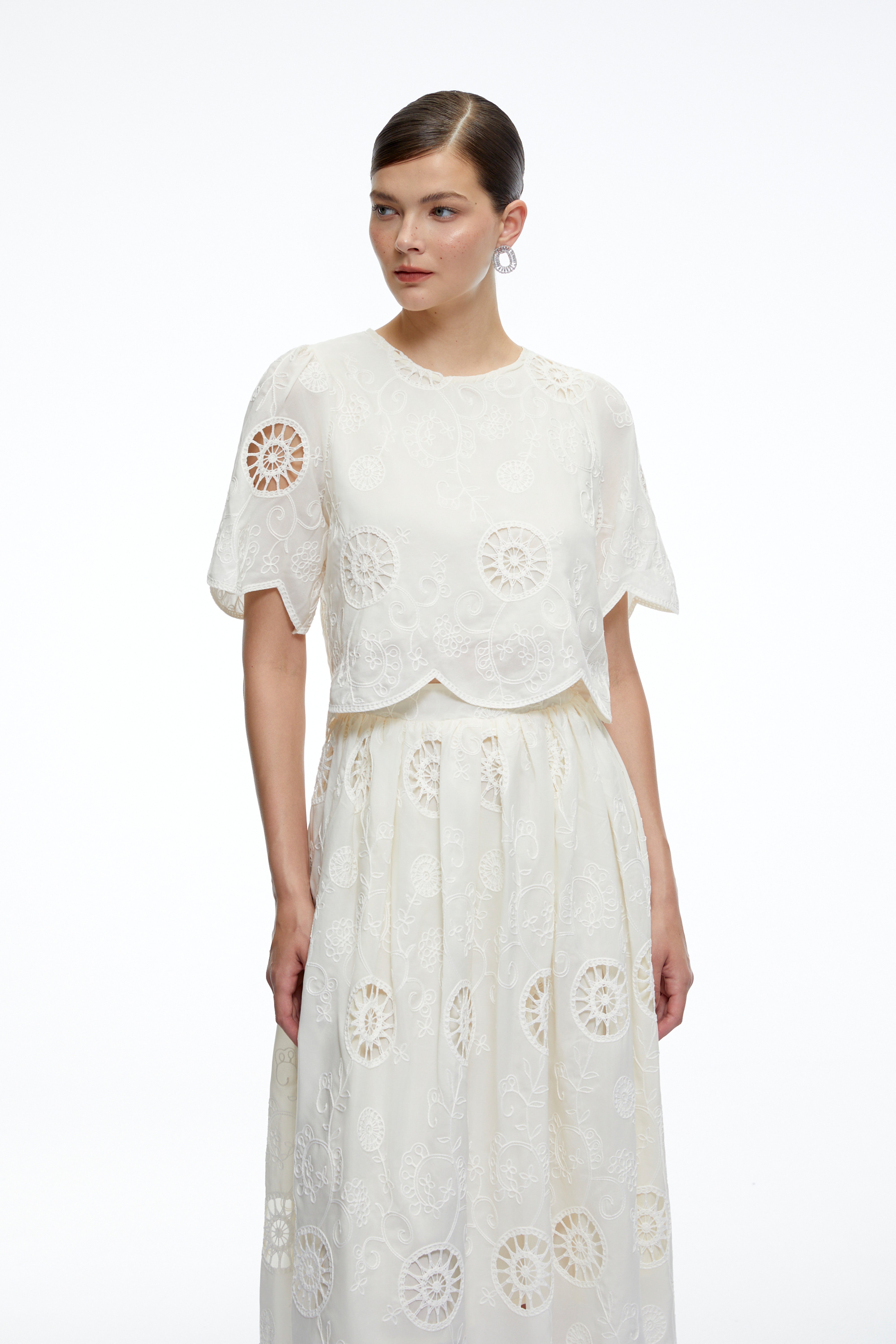 Aurelie Neutral Eyelet Crop Top & Midi Skirt Set