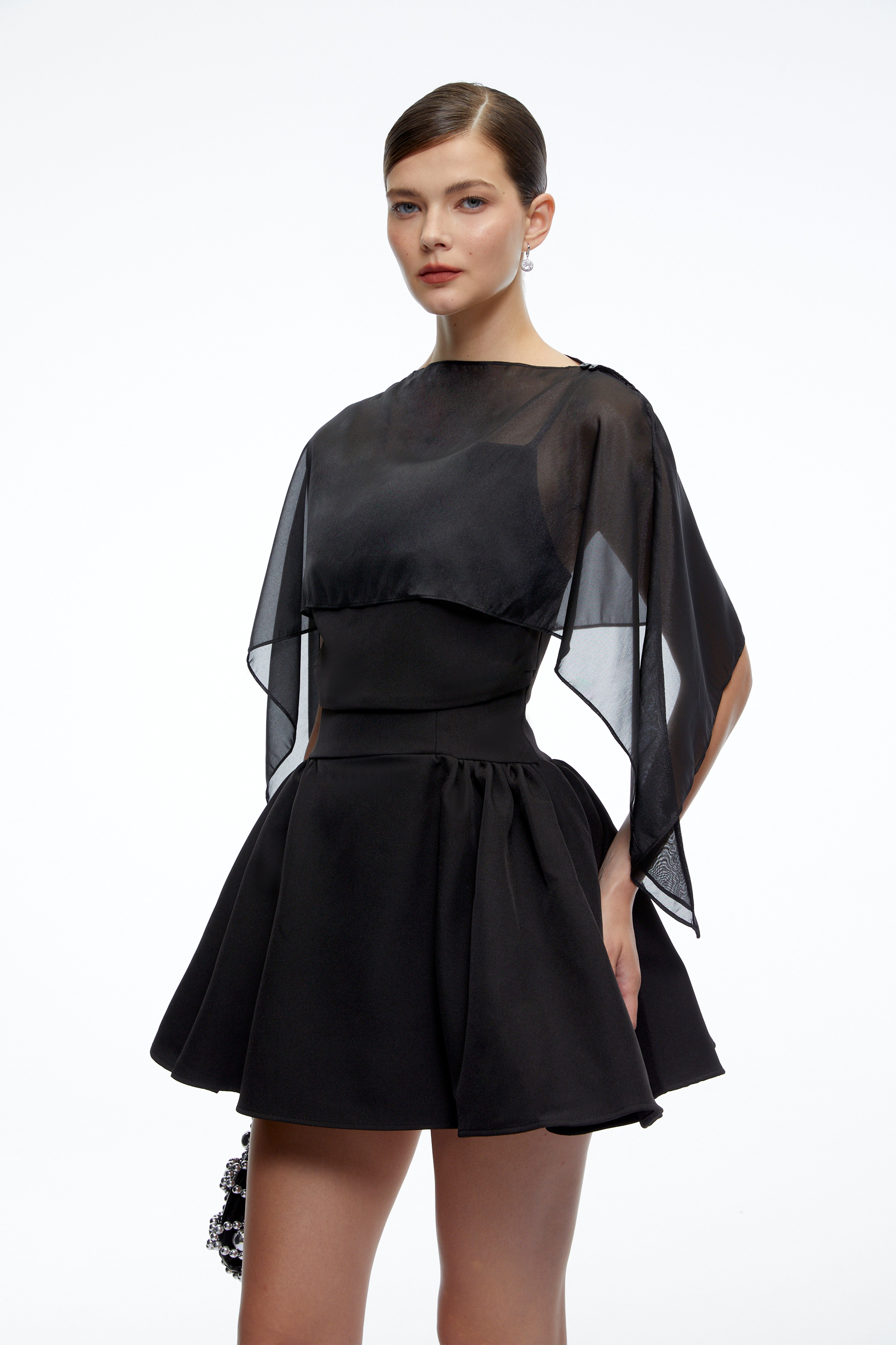 Madeleine Black Semi-Sheer Flared Mini Dress with Shawl