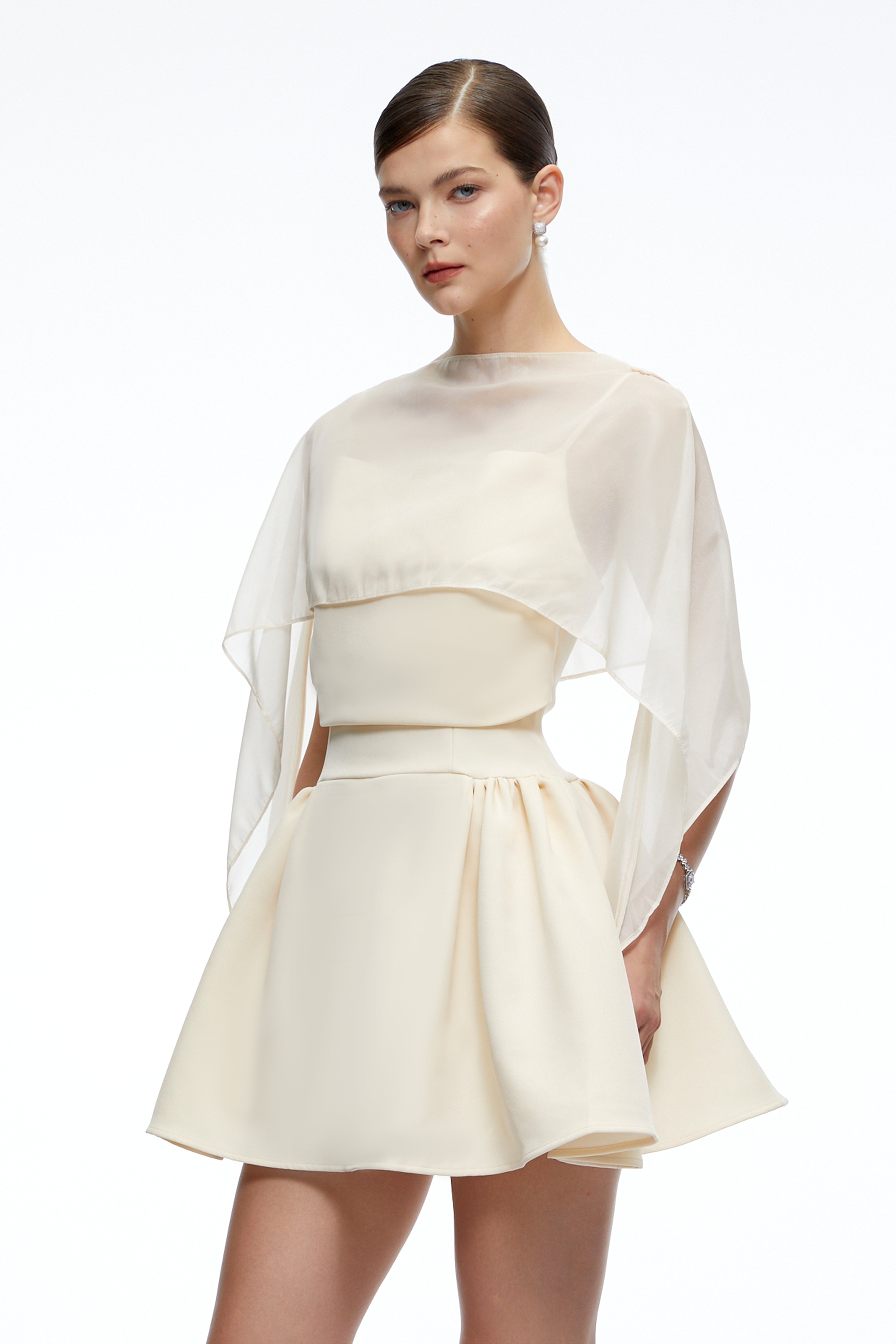 Madeleine Neutral Semi-Sheer Flared Mini Dress with Shawl