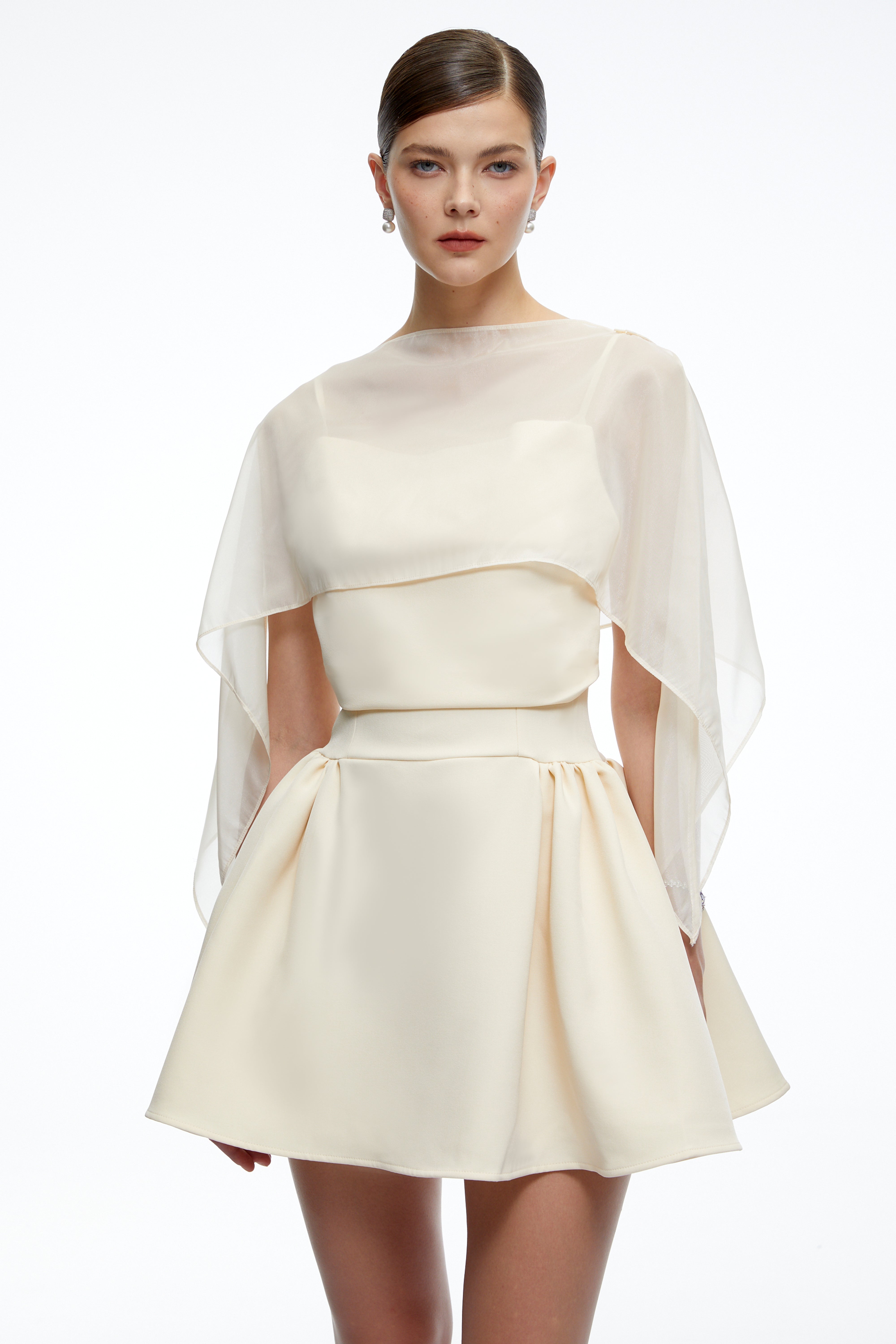 Madeleine Neutral Semi-Sheer Flared Mini Dress with Shawl