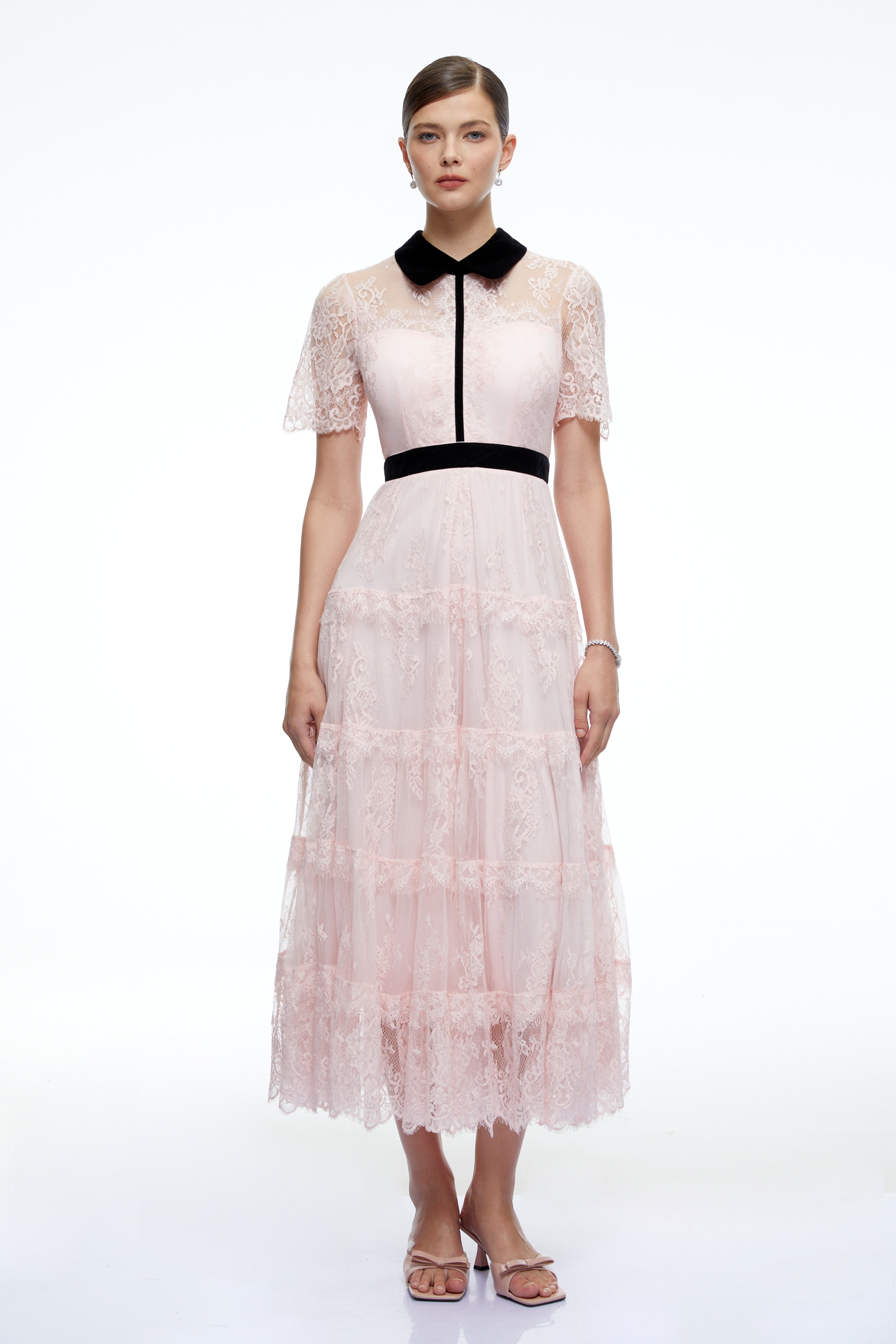 Aveline Pink Floral Lace Tiered Midi Dress