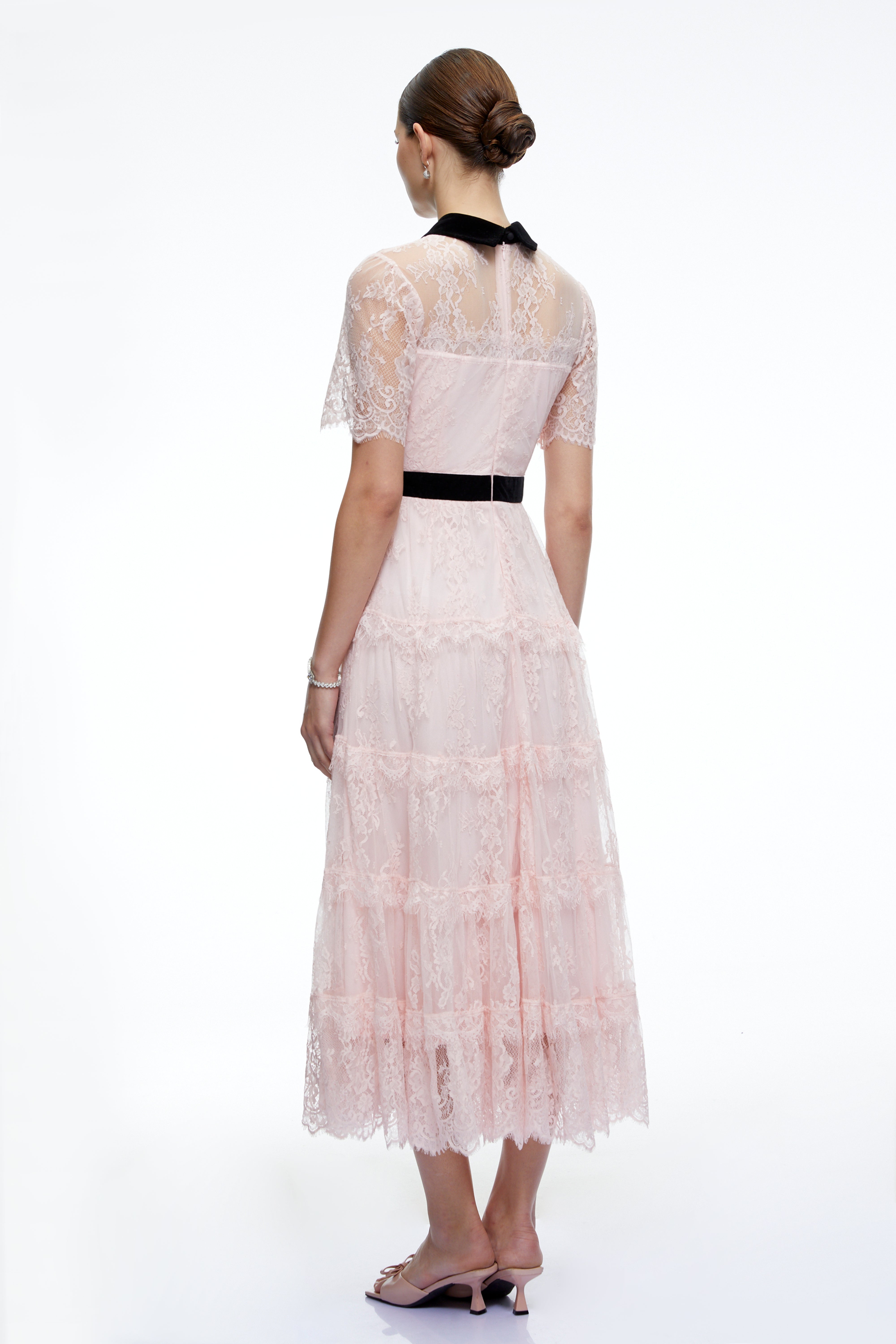 Aveline Pink Floral Lace Tiered Midi Dress