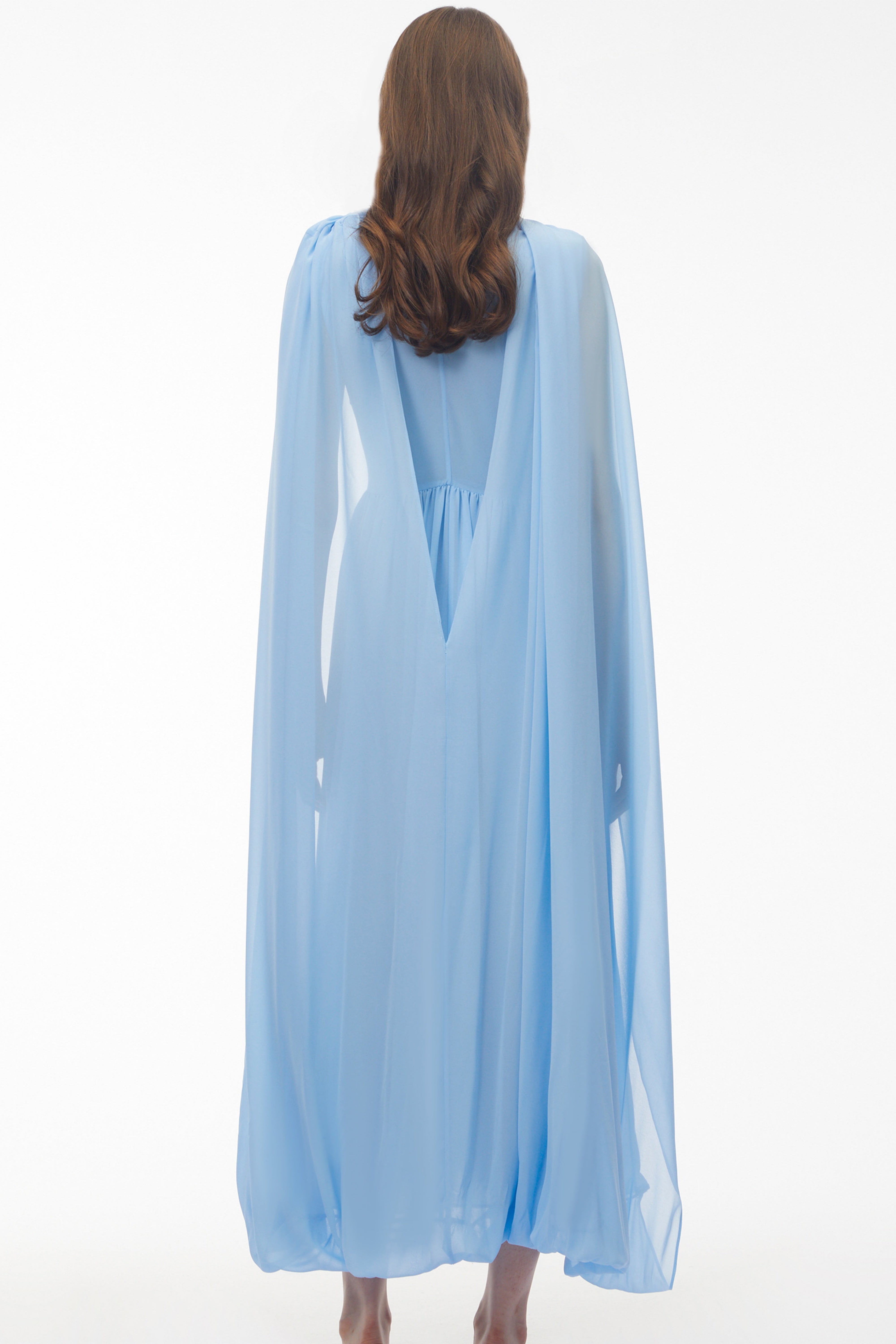 Beatrice Blue Ruched Midi Dress with Oversized Cape (Final Sale)