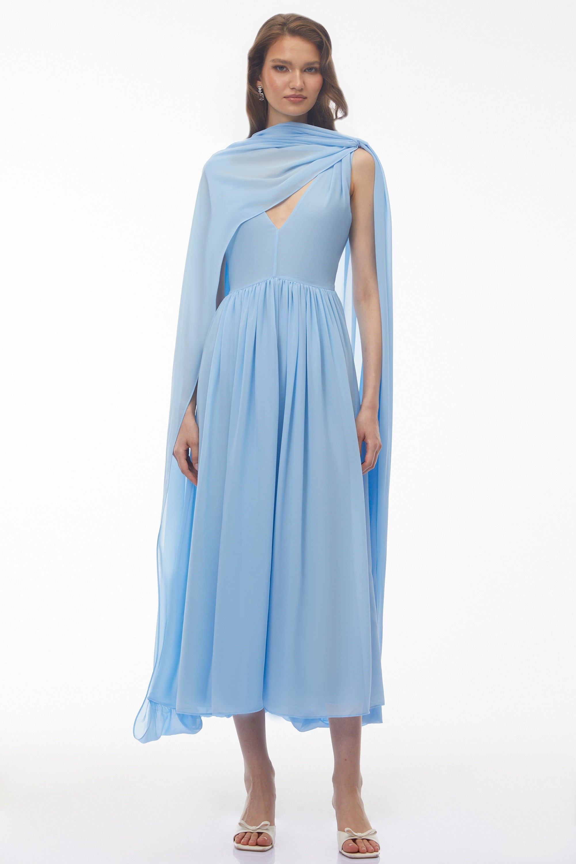 Beatrice Blue Ruched Midi Dress with Oversized Cape (Final Sale-US Only)