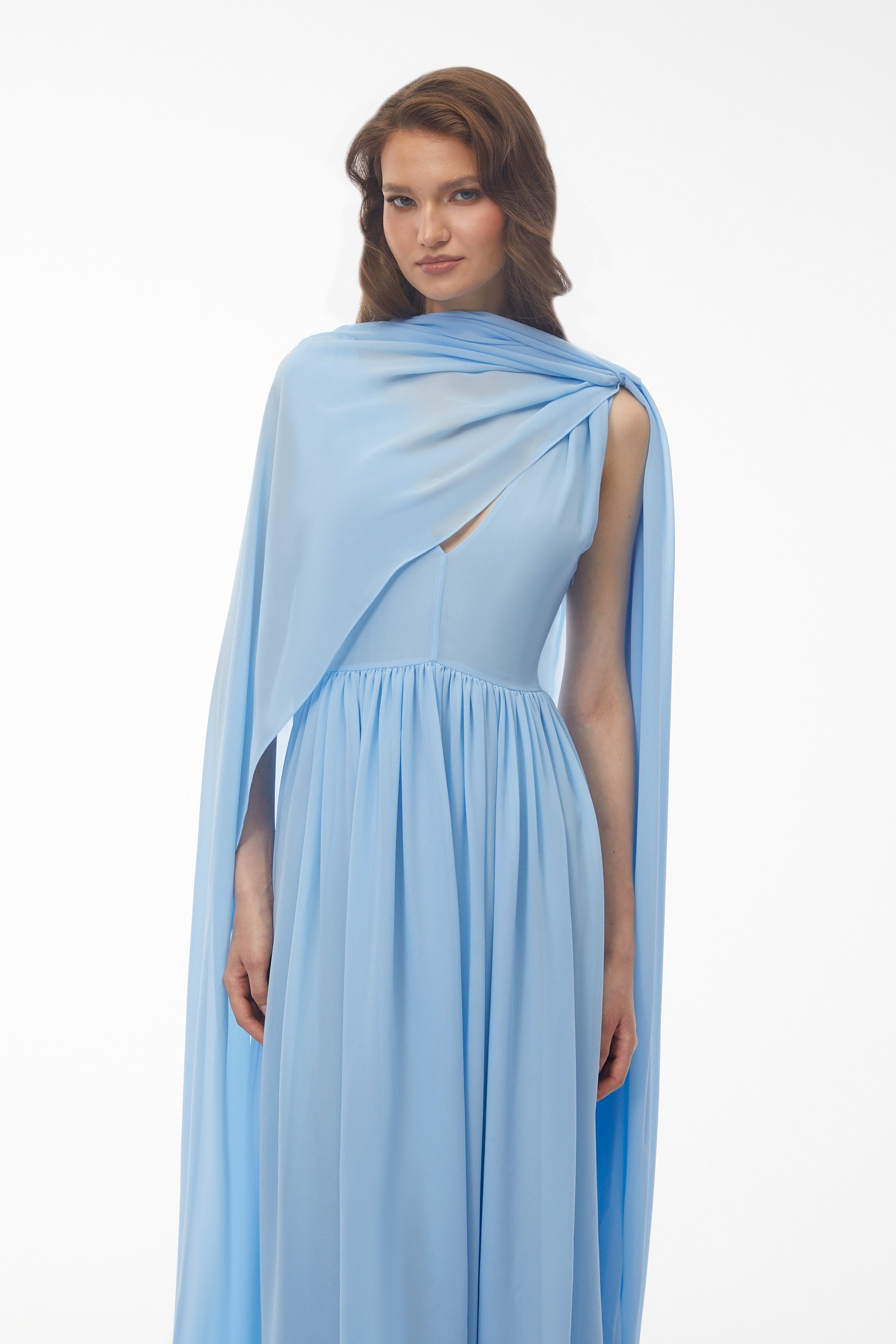 Beatrice Blue Ruched Midi Dress with Oversized Cape (Final Sale)