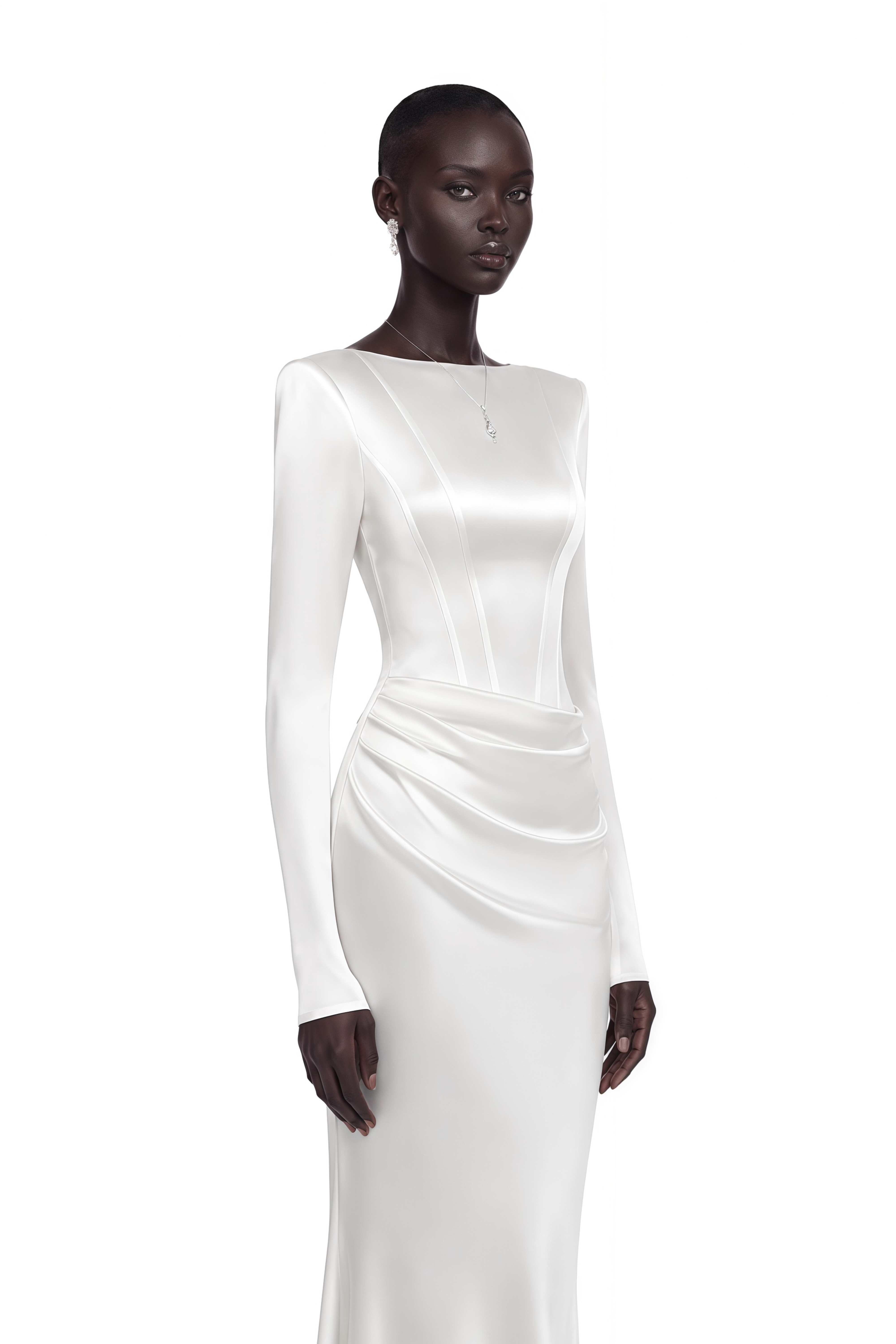 Belisent White Satin Long Sleeve Ruched Maxi Dress