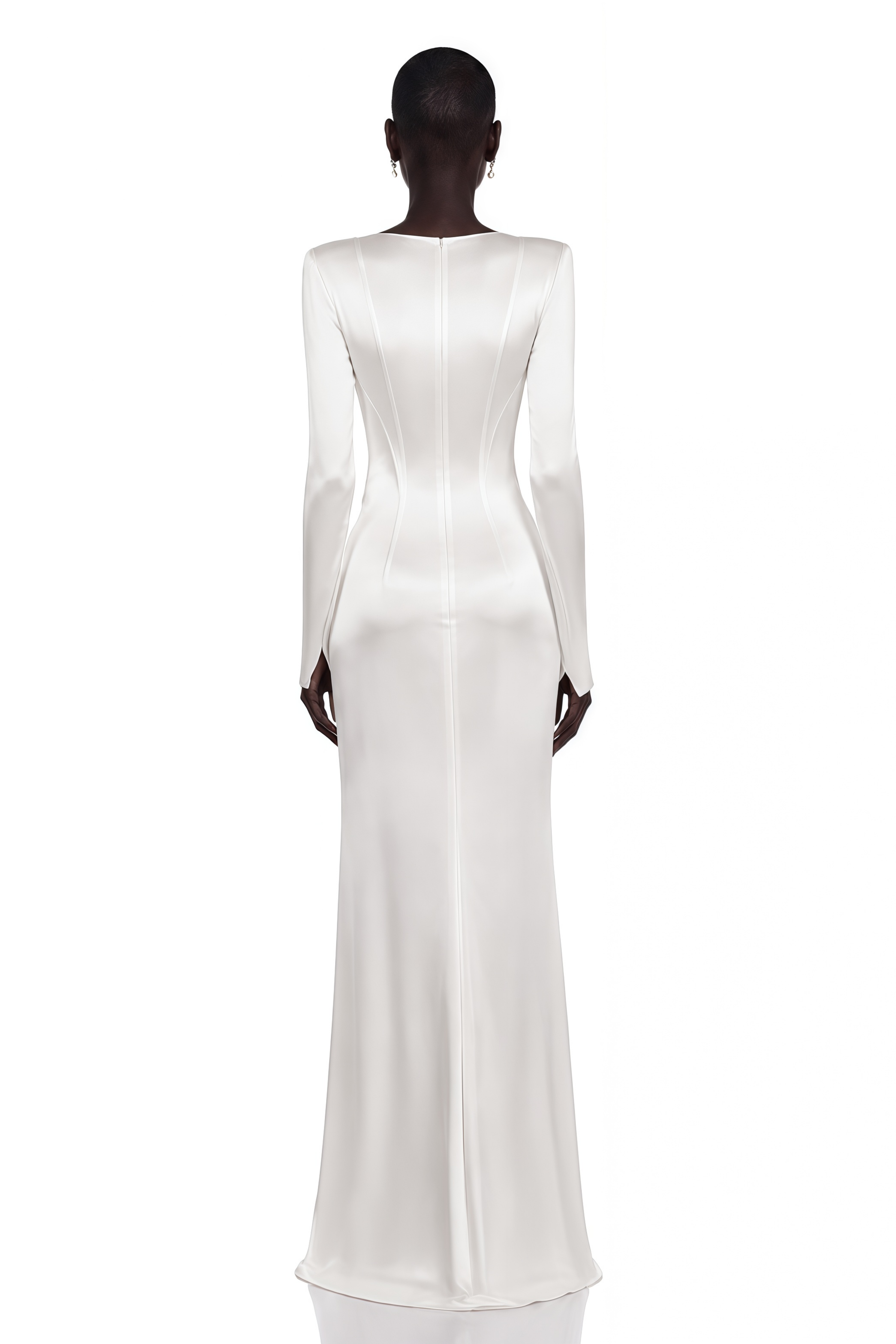 Belisent White Satin Long Sleeve Ruched Maxi Dress