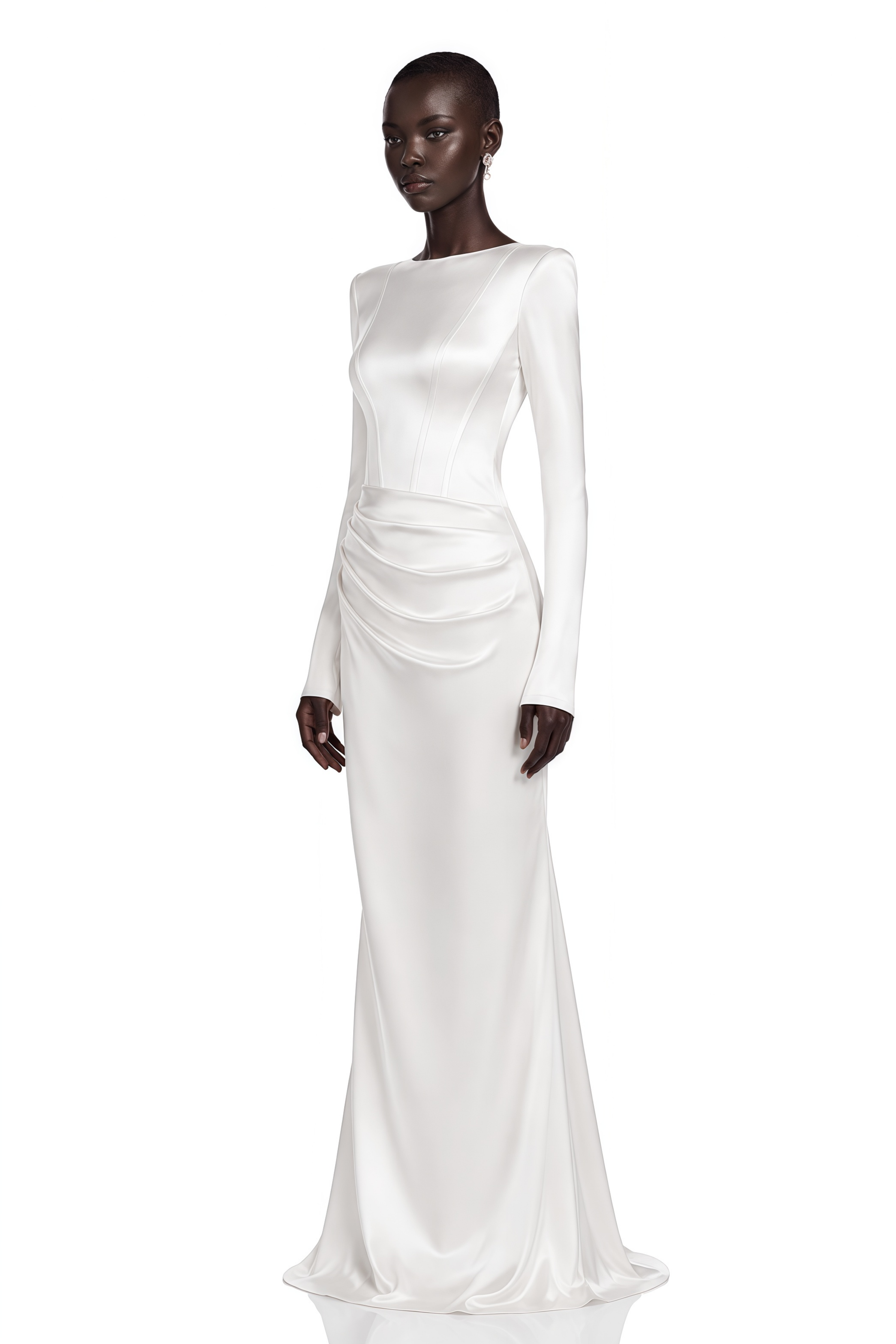 Belisent White Satin Long Sleeve Ruched Maxi Dress