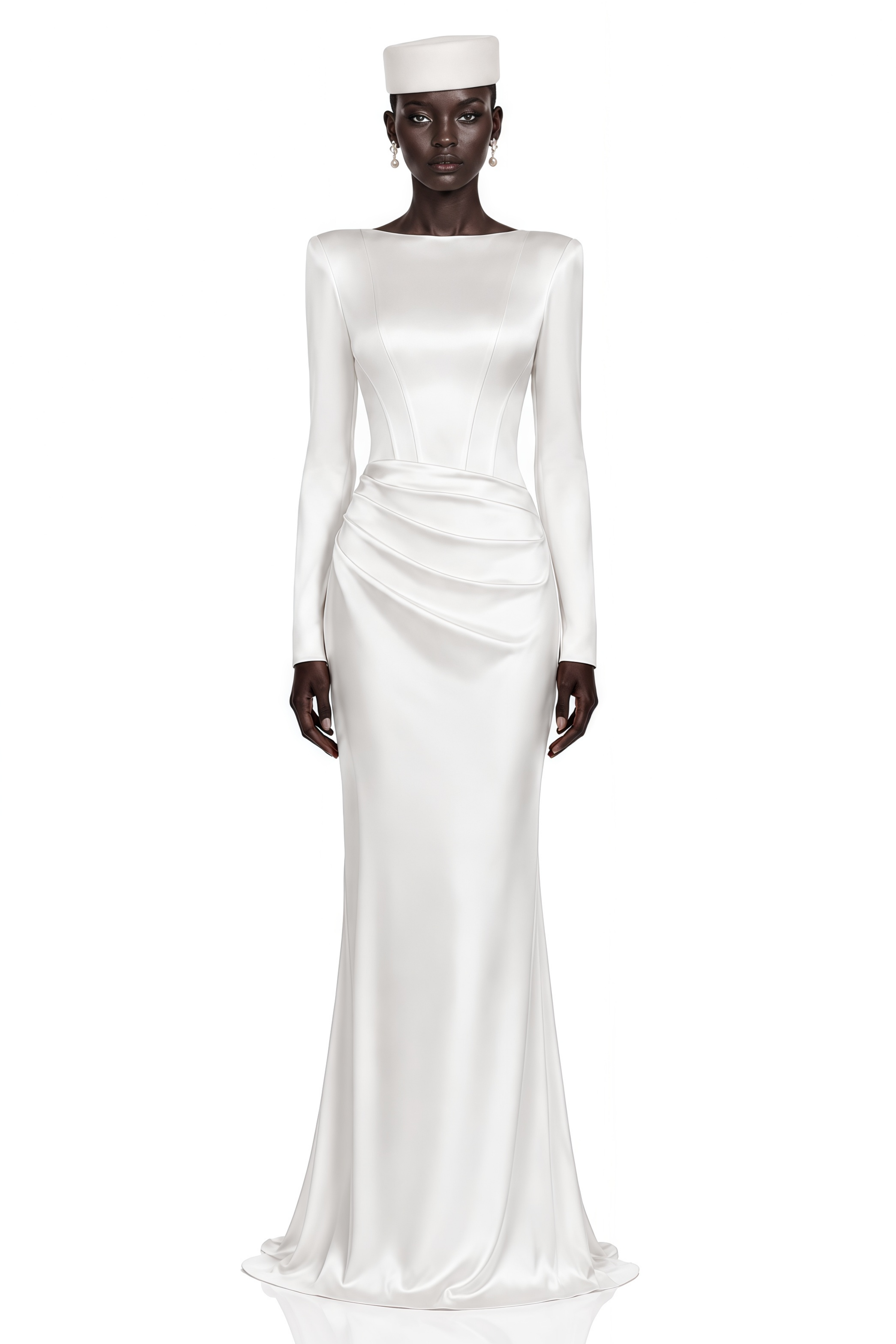 Belisent White Satin Long Sleeve Ruched Maxi Dress