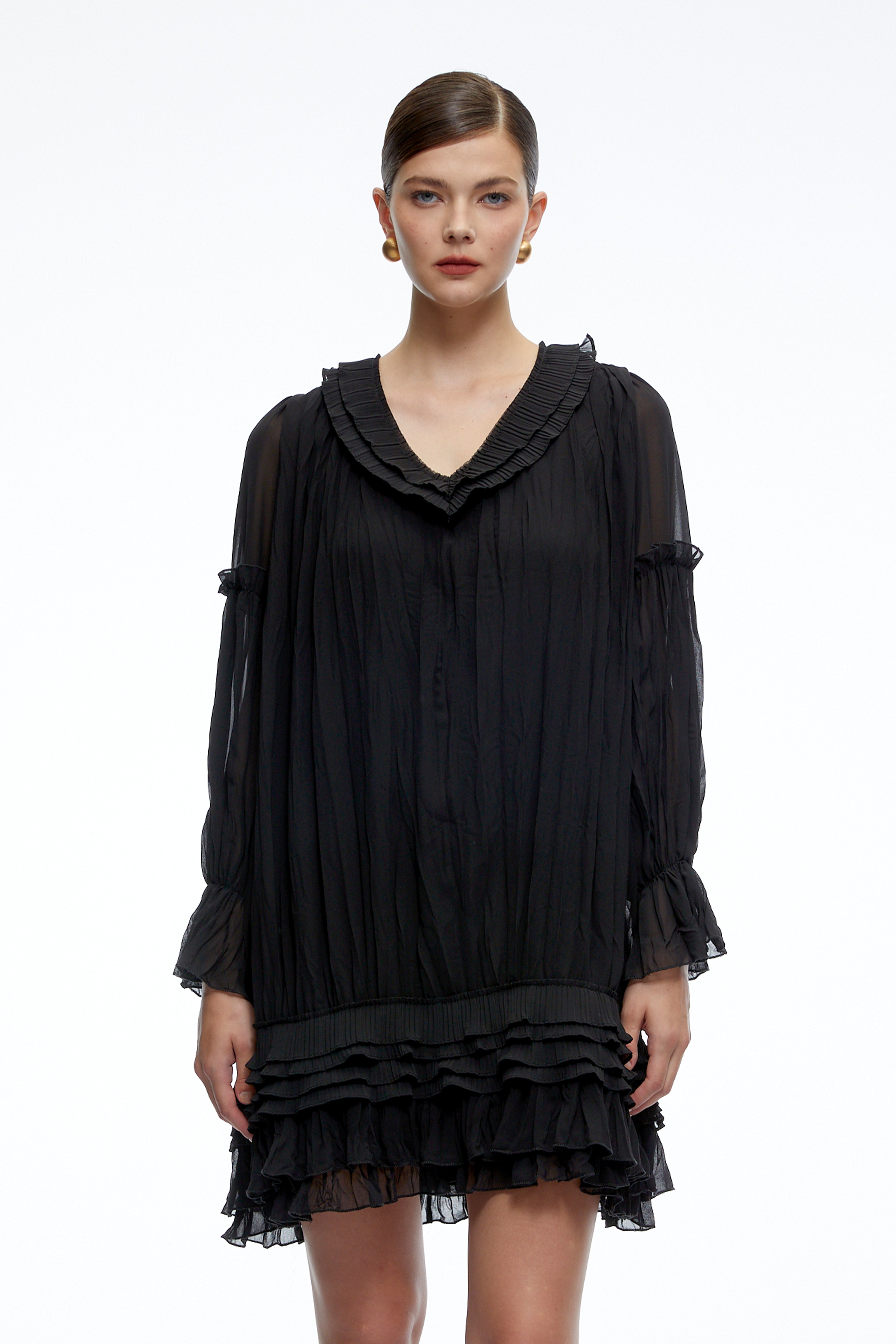 Belladonna Black V-Neck Tiered Mini Dress with Puff Sleeves