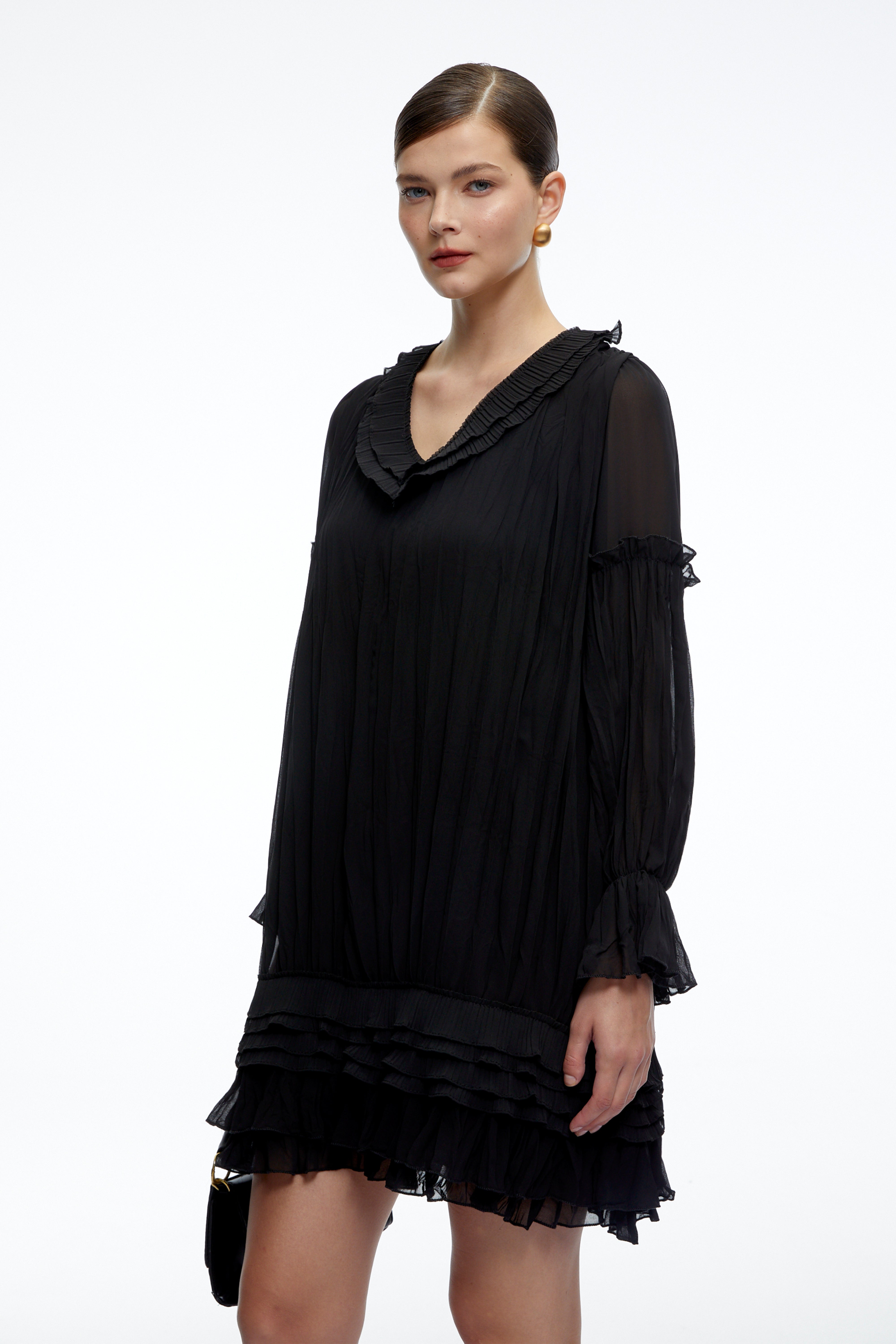 Belladonna Black V-Neck Tiered Mini Dress with Puff Sleeves