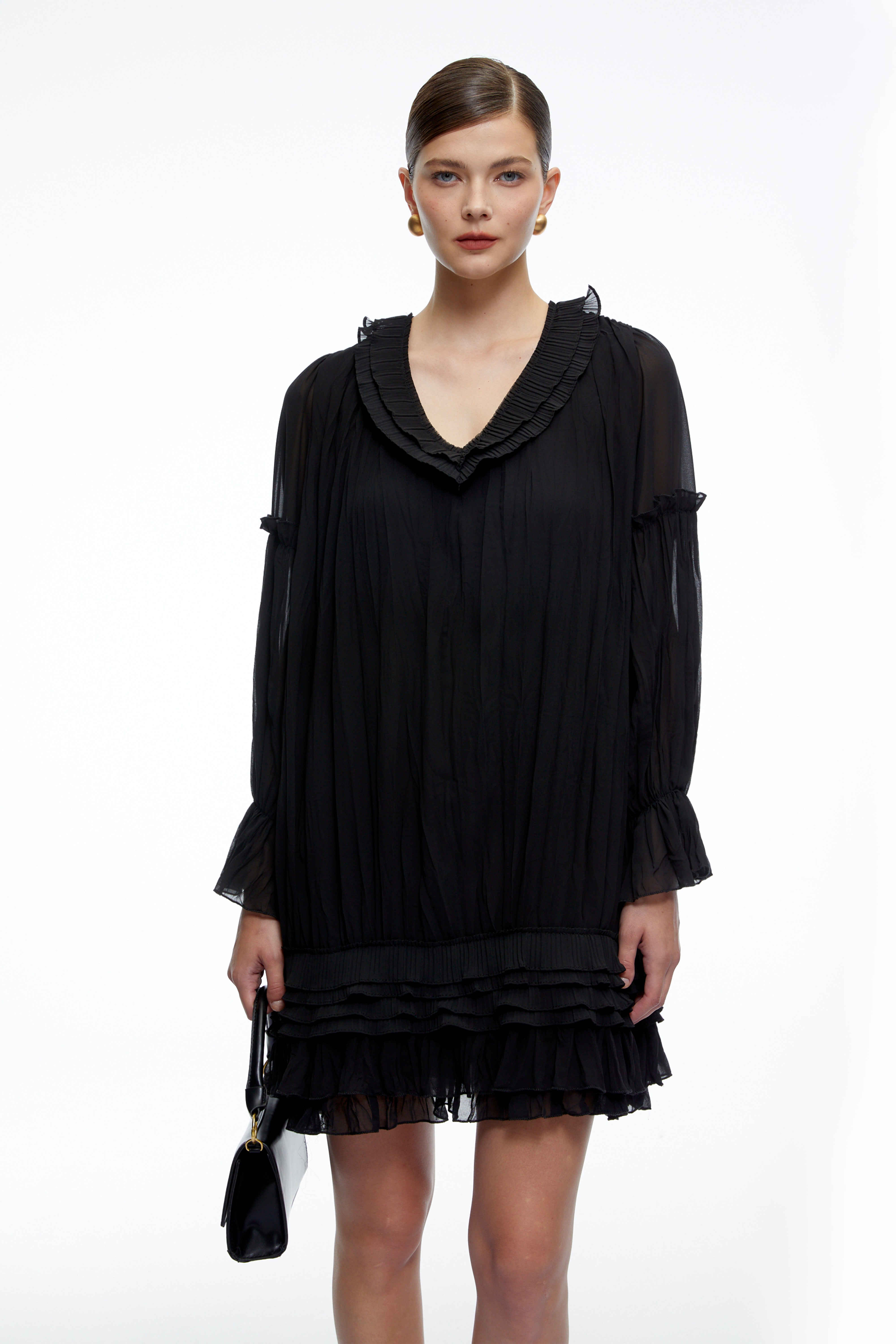 Belladonna Black V-Neck Tiered Mini Dress with Puff Sleeves