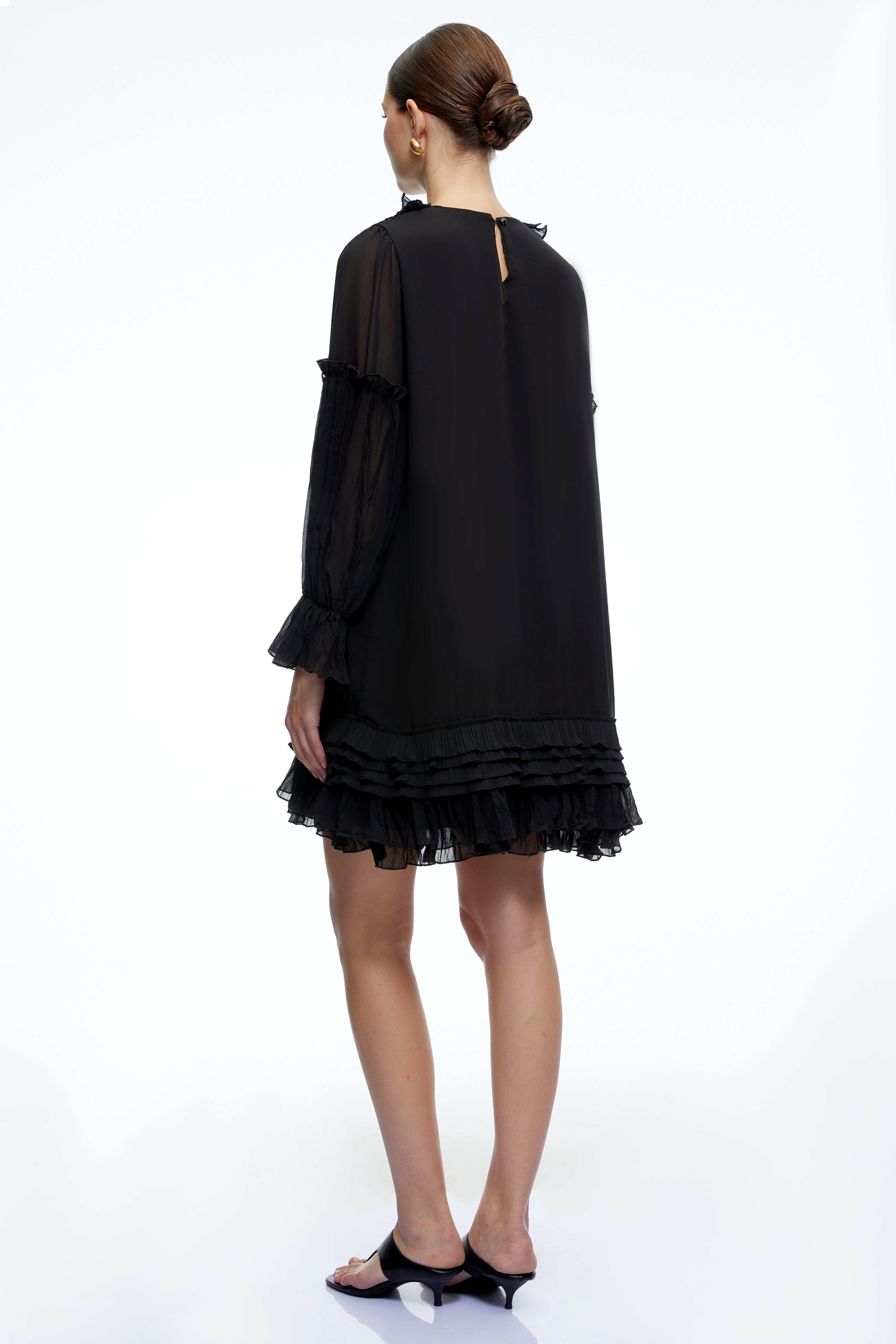 Belladonna Black V-Neck Tiered Mini Dress with Puff Sleeves