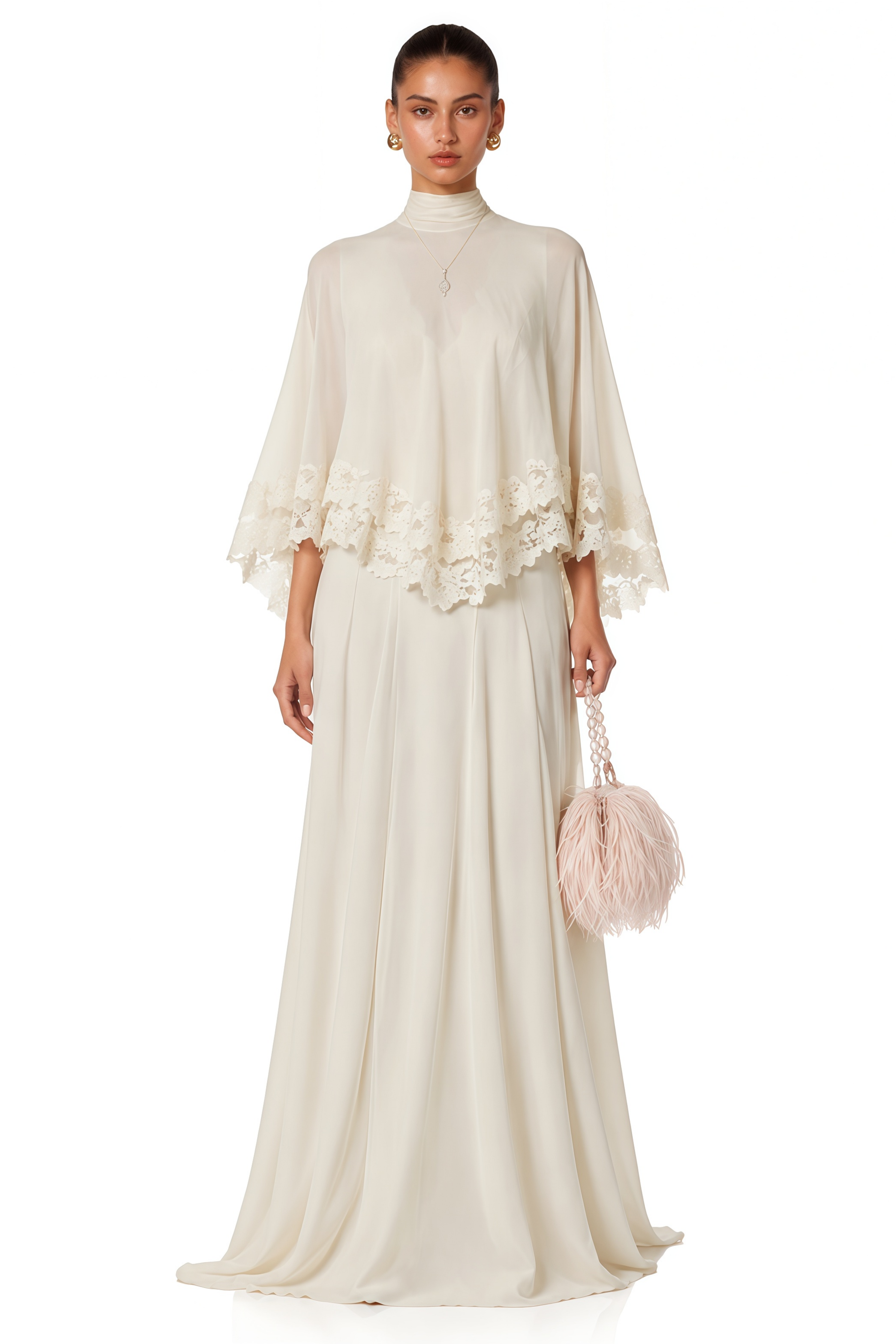 Benigna White Cape Sleeve Top & Skirt Set With Lace Trim