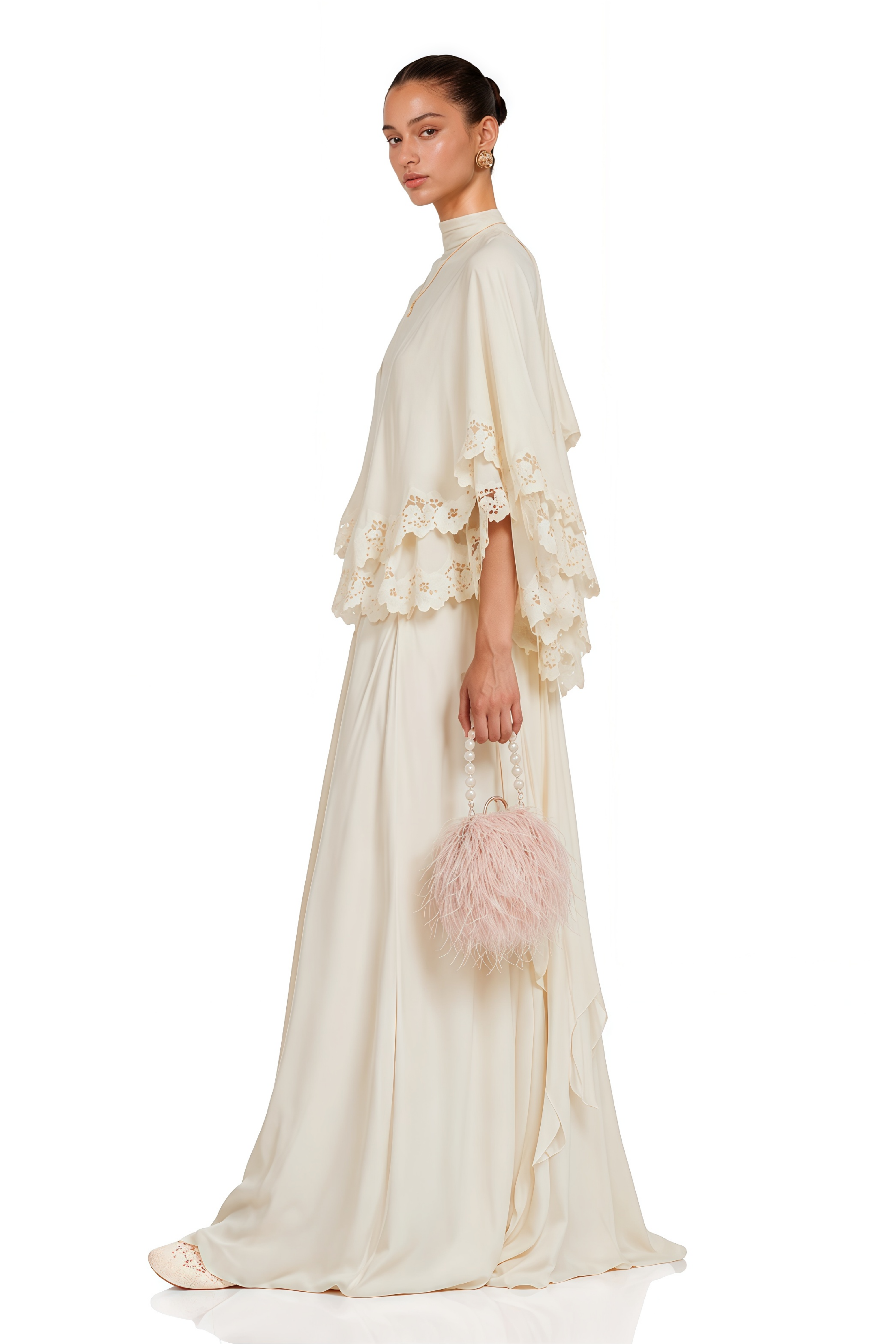 Benigna White Cape Sleeve Top & Skirt Set With Lace Trim