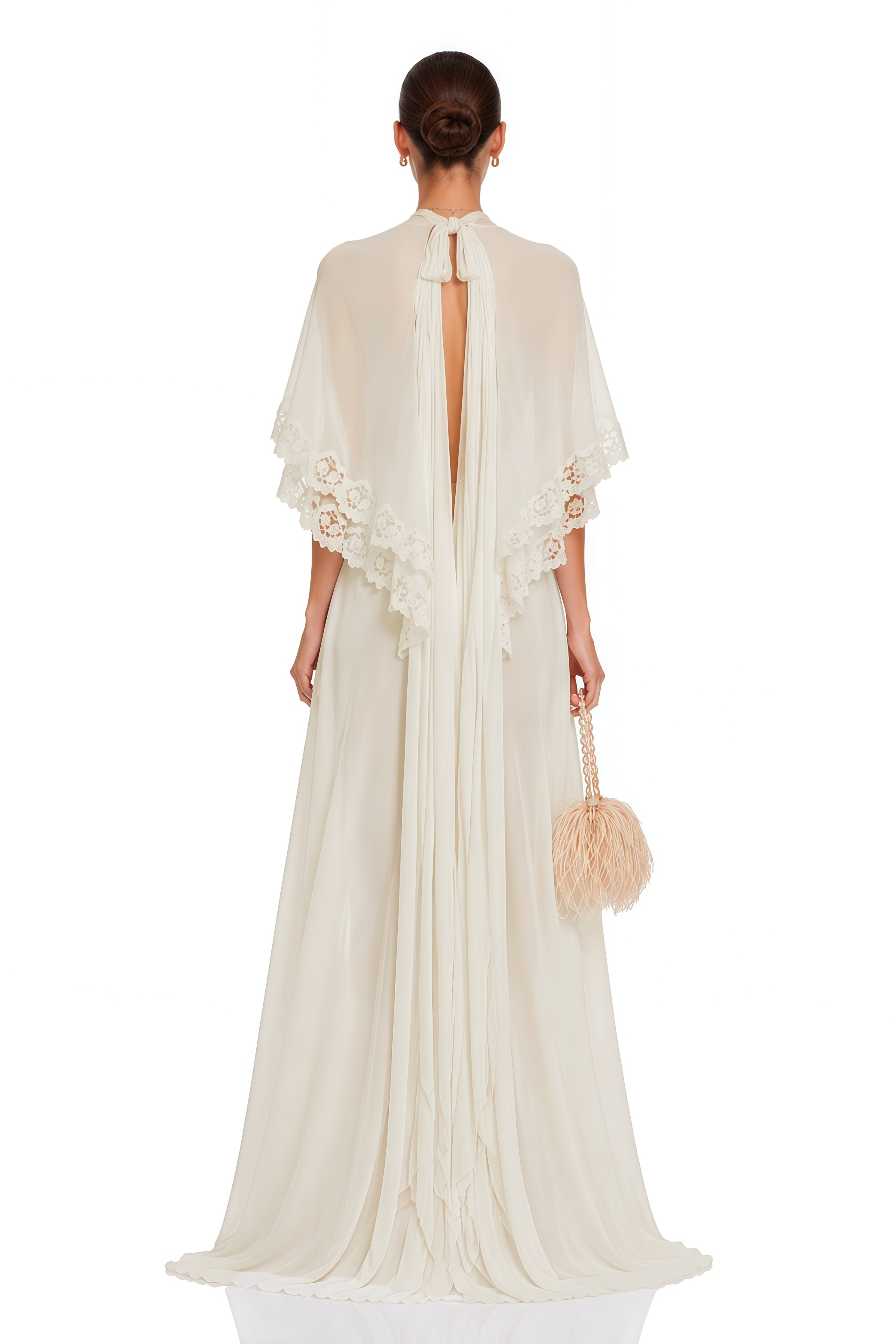 Benigna White Cape Sleeve Top & Skirt Set With Lace Trim