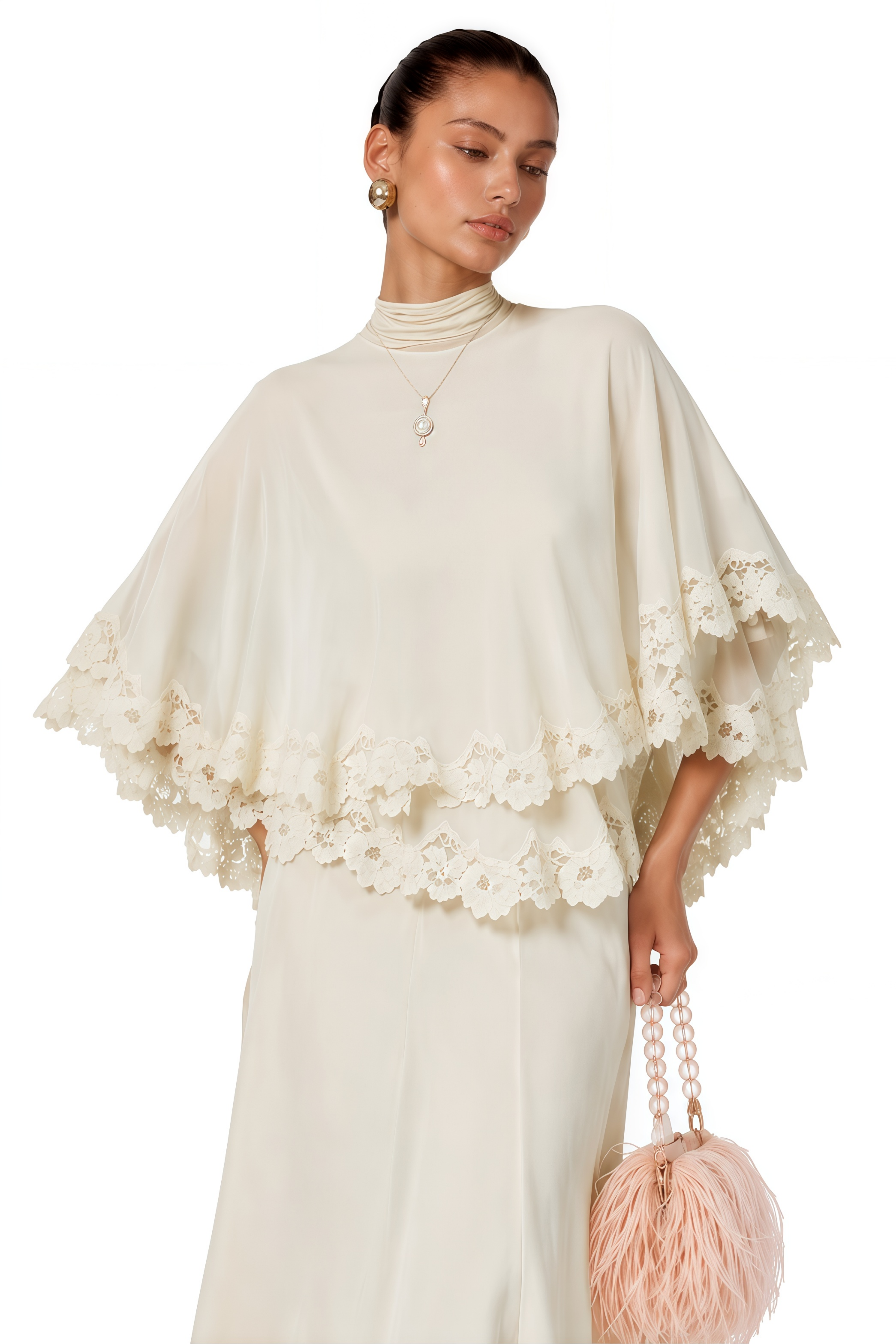 Benigna White Cape Sleeve Top & Skirt Set With Lace Trim