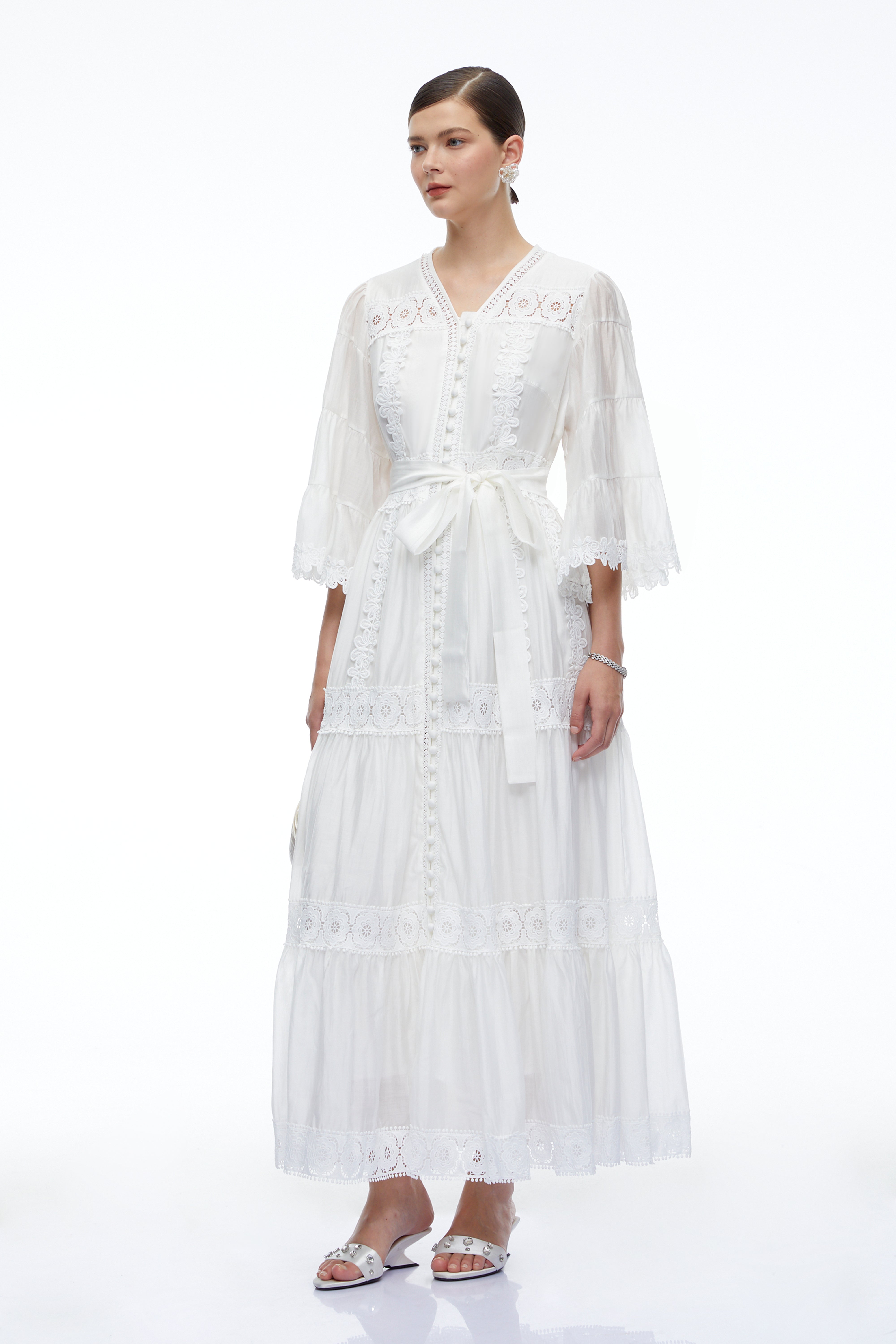 Berengaria White Lace Bell Sleeves Maxi Dress