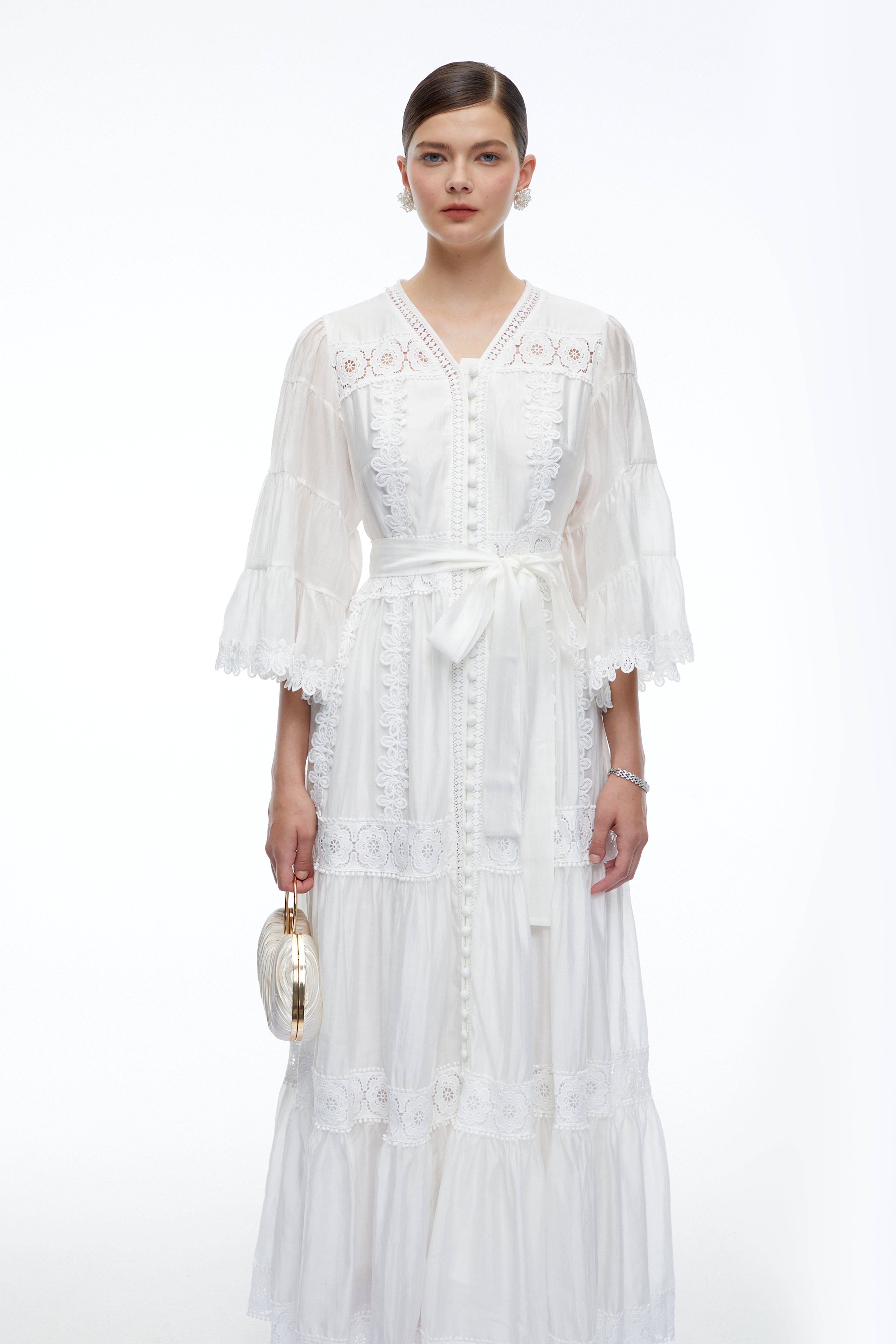 Berengaria White Lace Bell Sleeves Maxi Dress