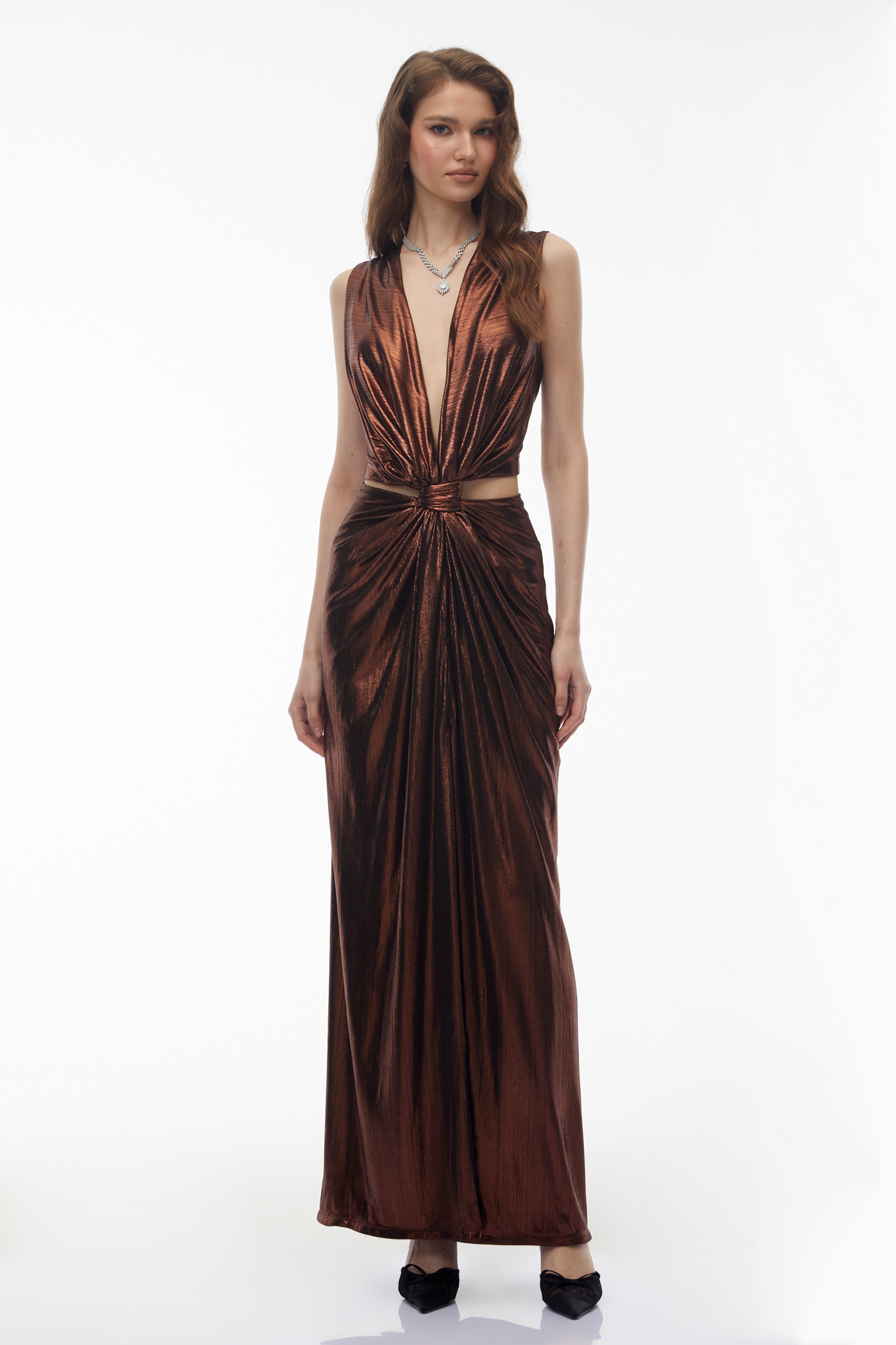 Berenike Metallic Bronze Ruched Satin Maxi Dress (Final Sale-US Only)